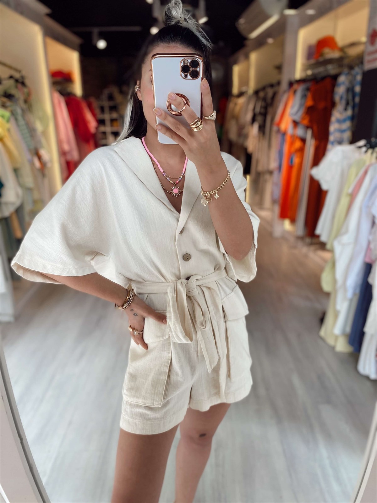 Bej Sırt Detaylı Cepli Keten Tulum