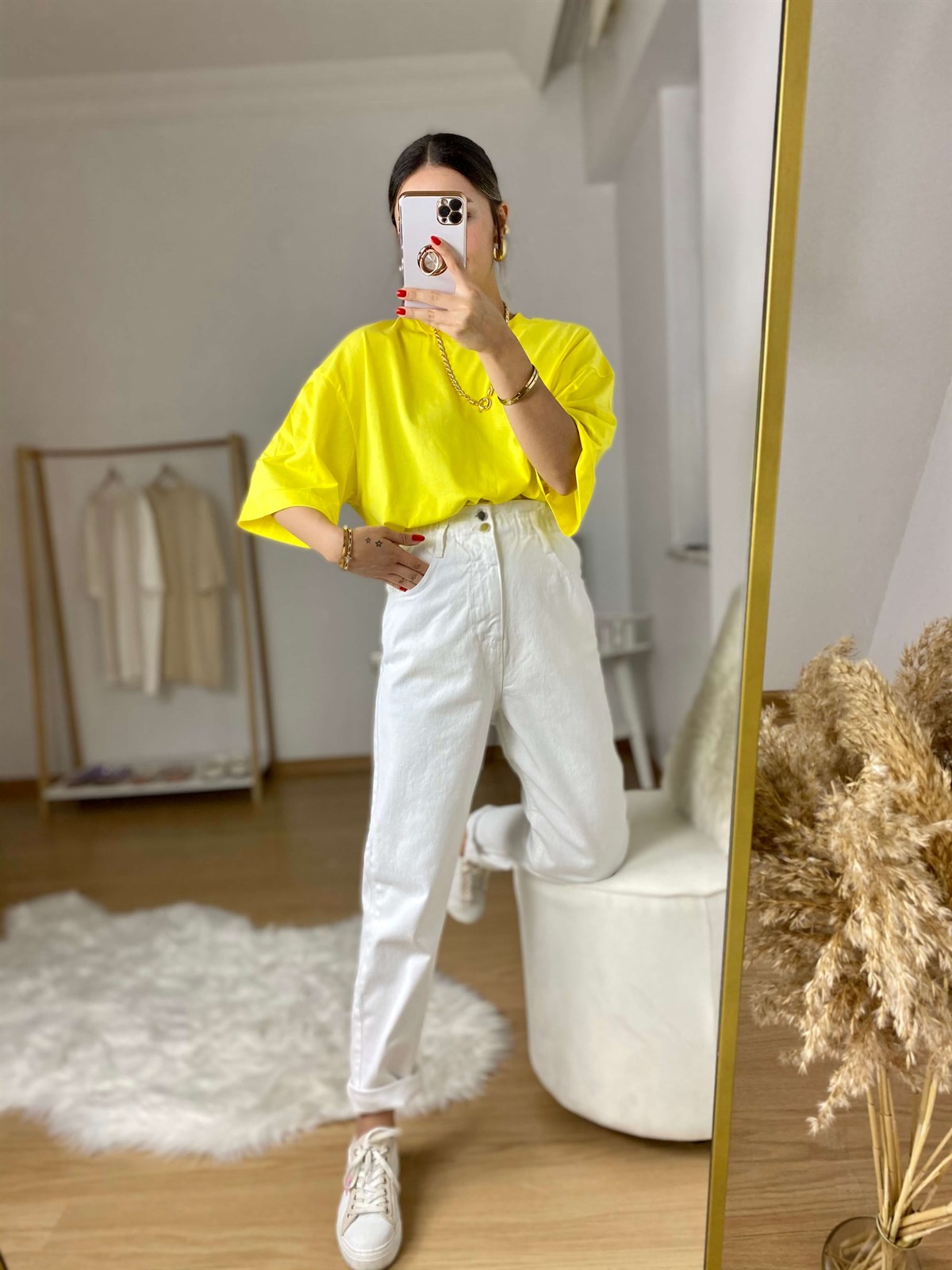 Beyaz Beli Lastikli jean