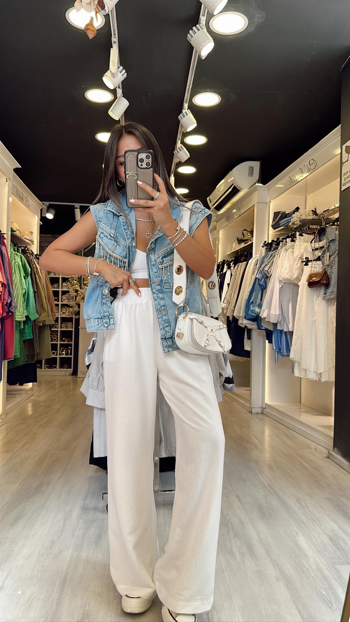 Beyaz Beli Lastikli Tensel Bol Paça Pantolon