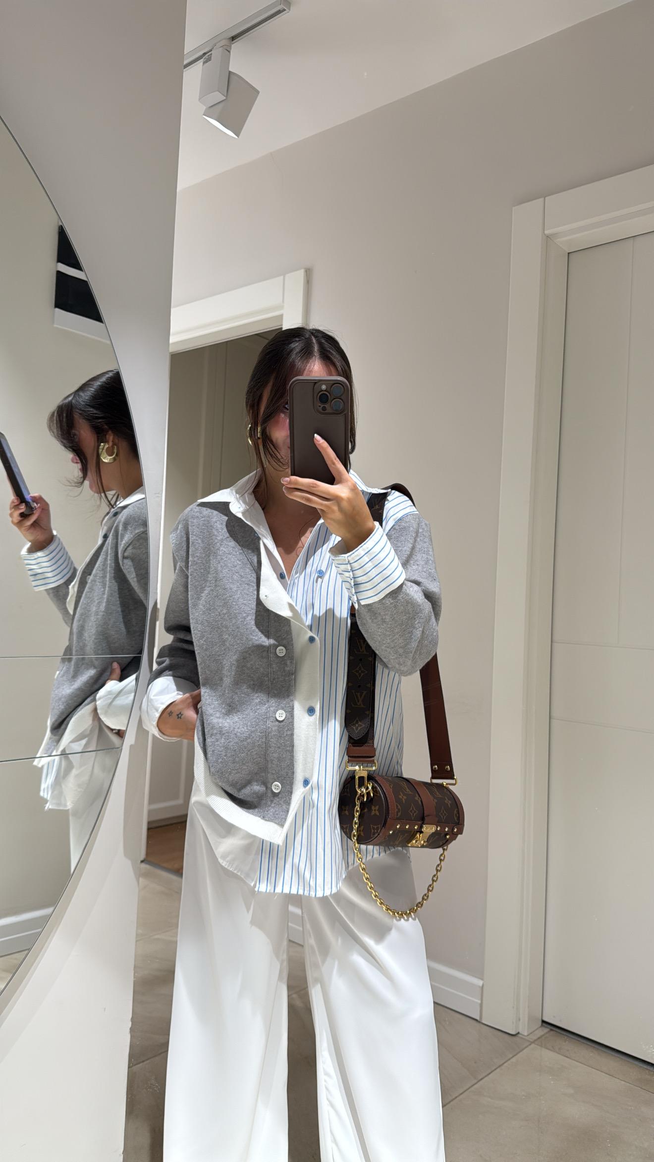 Beyaz Gri Gömlek Detaylı Tasarım Hırka 