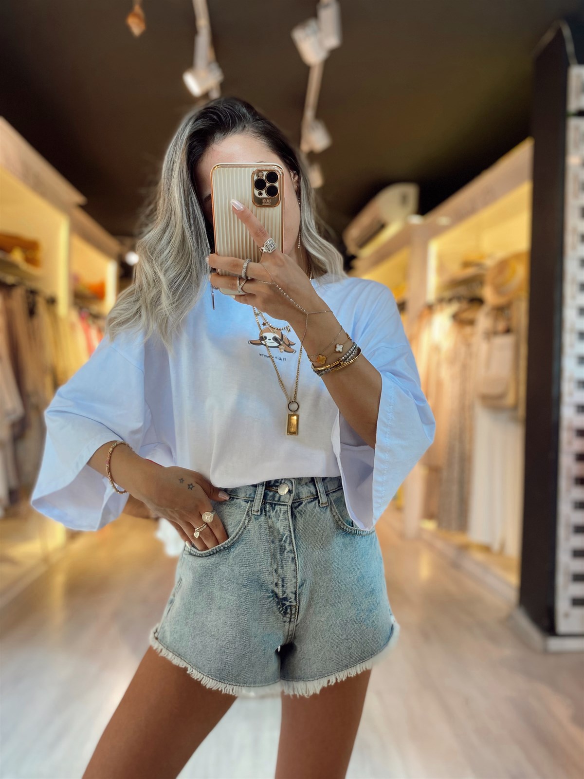 Beyaz Hayvan Baskılı Yazı Detaylı Oversize Tshirt