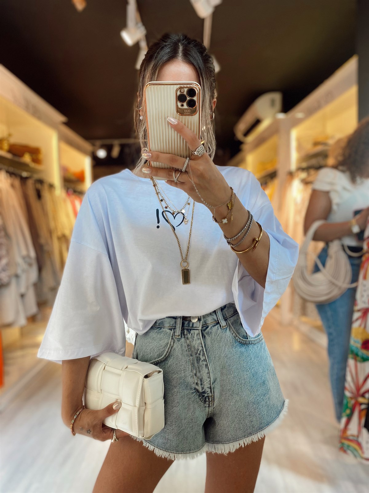 Beyaz Kalp Ünlem Baskılı Oversize Tshirt 