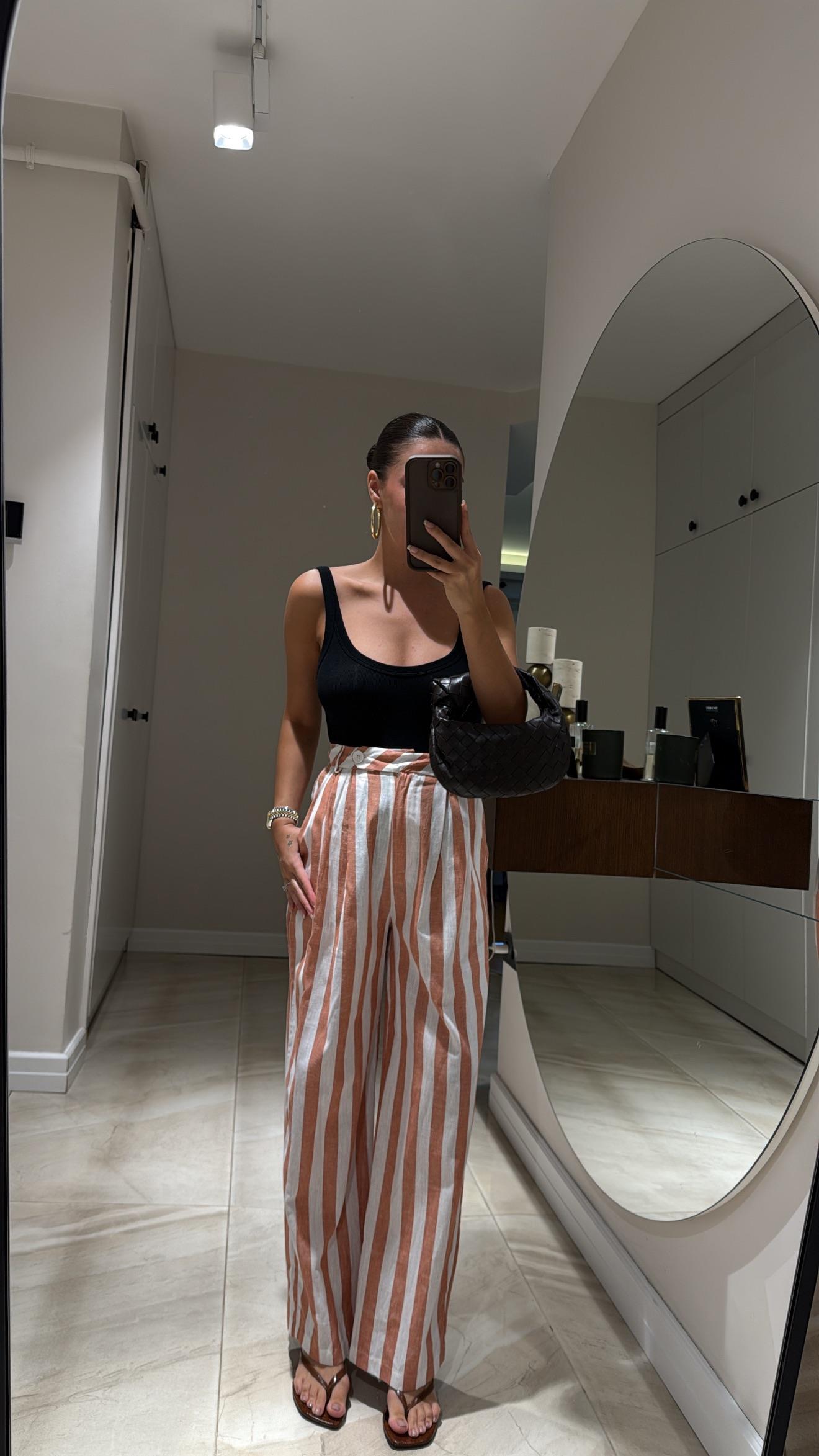 Beyaz Kiremit Çizgili Keten Bol Pantolon