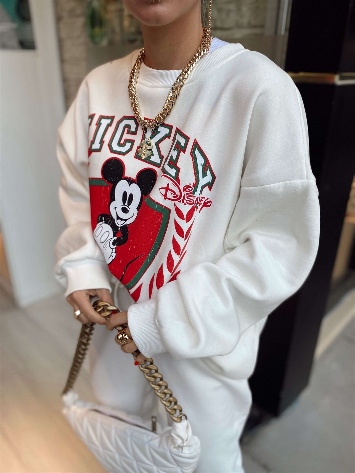 Beyaz Kırmızı Mickey Baskılı Sweat
