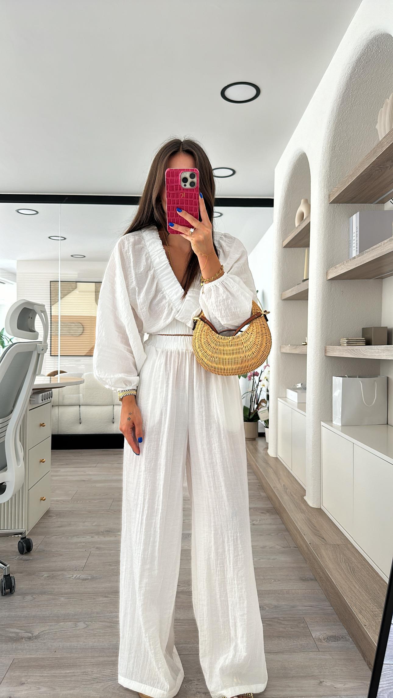 Beyaz Kruvaze Yaka Crop Pantolon Takım 