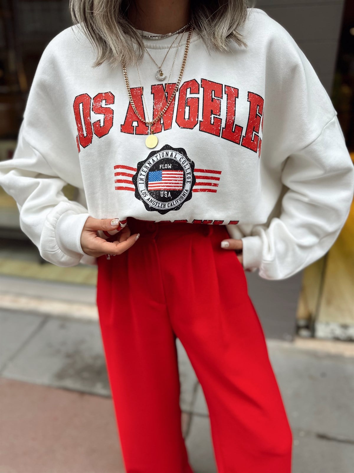 Beyaz Los Angeles Baskılı Sweat