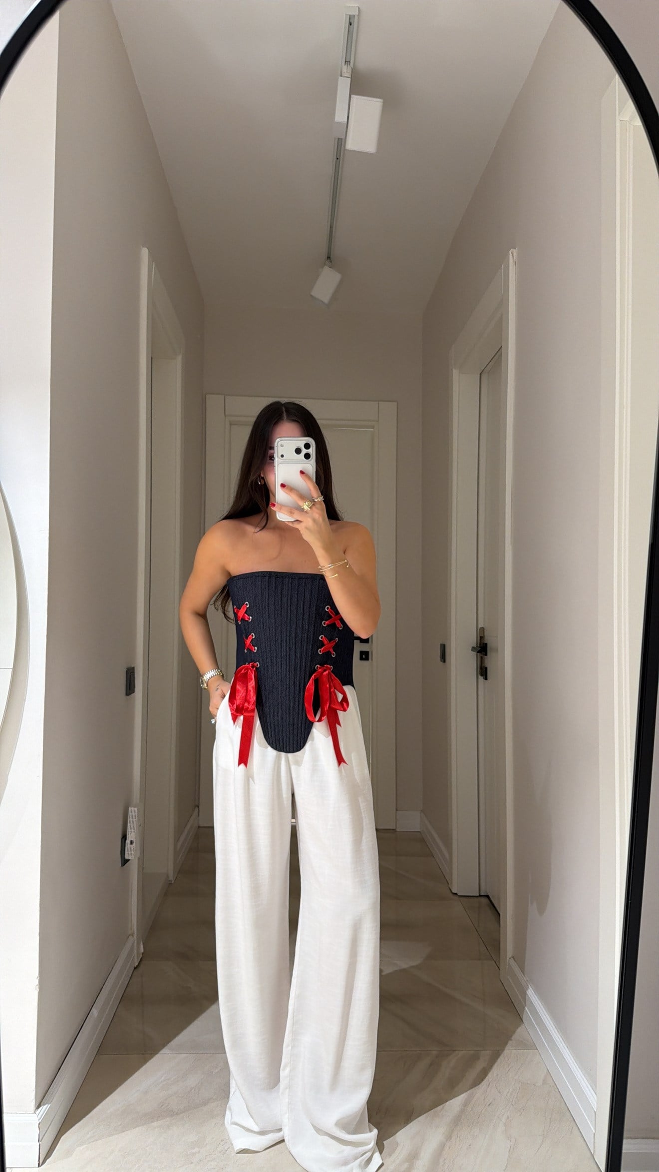 Beyaz Maskülen Keten Bol Paça Pantolon