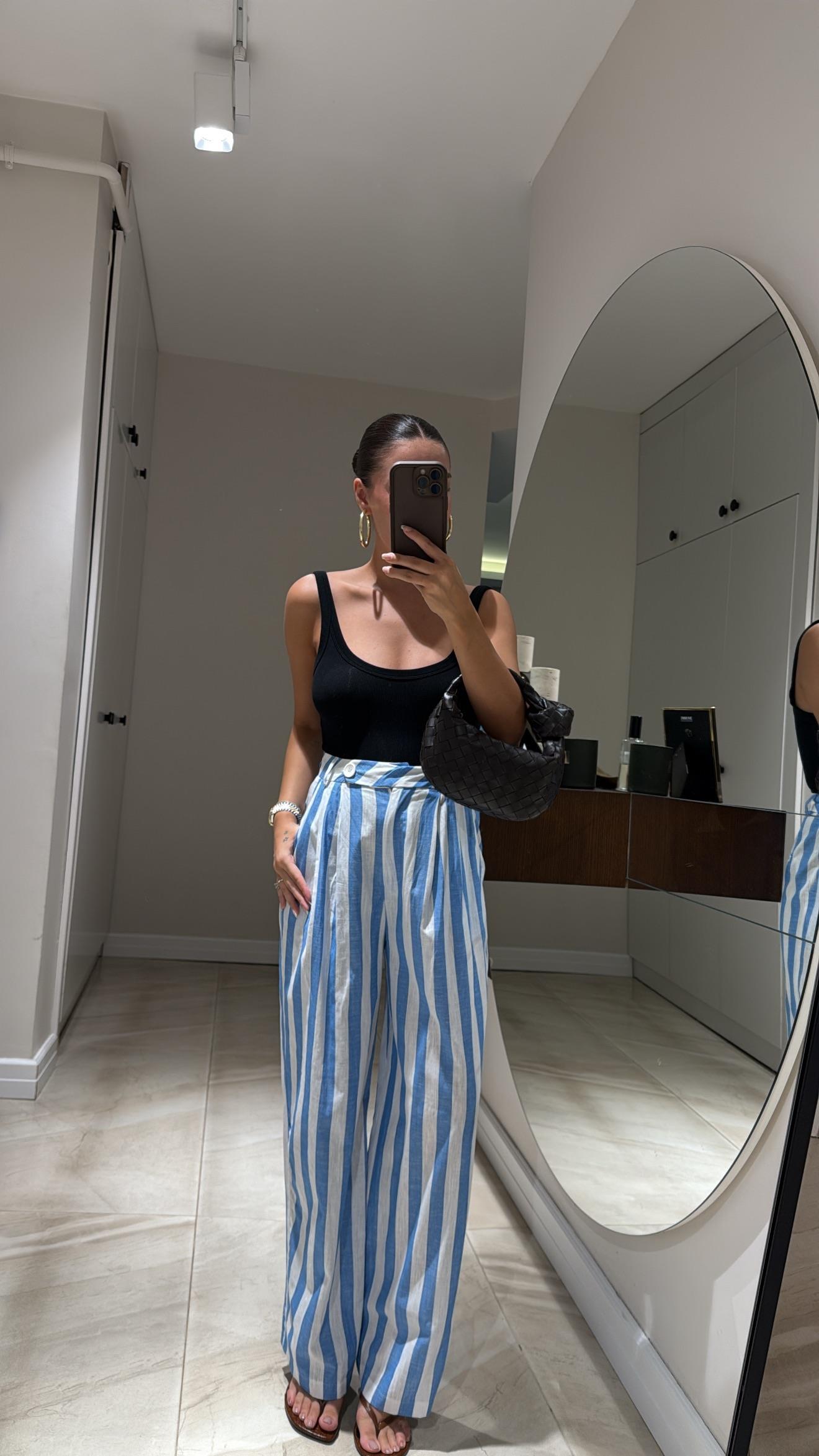 Beyaz Mavi Çizgili Keten Bol Pantolon