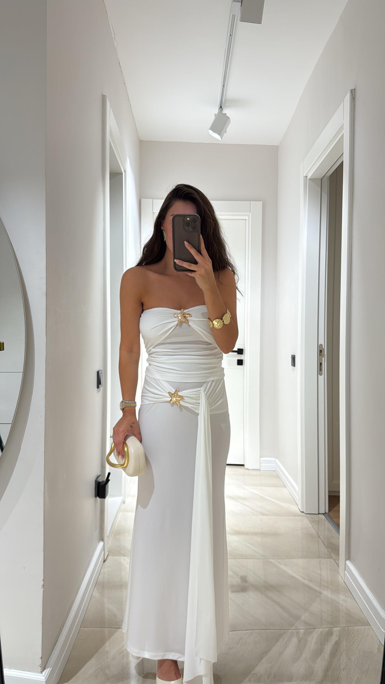 Beyaz Straplez Yıldız Detaylı Etek Takım 