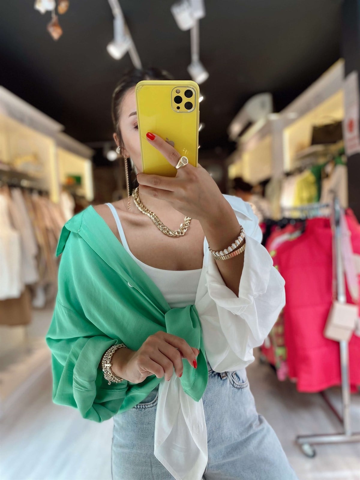 Beyaz Yeşil Garnili Oversize Gömlek