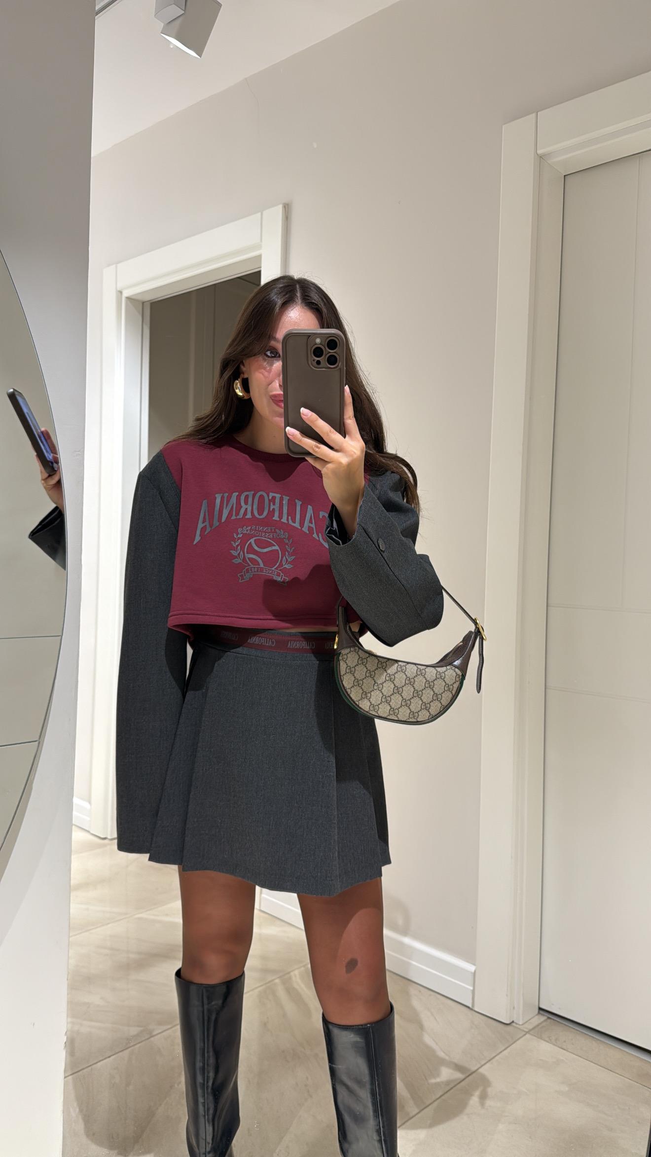 Bordo Antrasit Kol Detaylı Baskılı Sweat