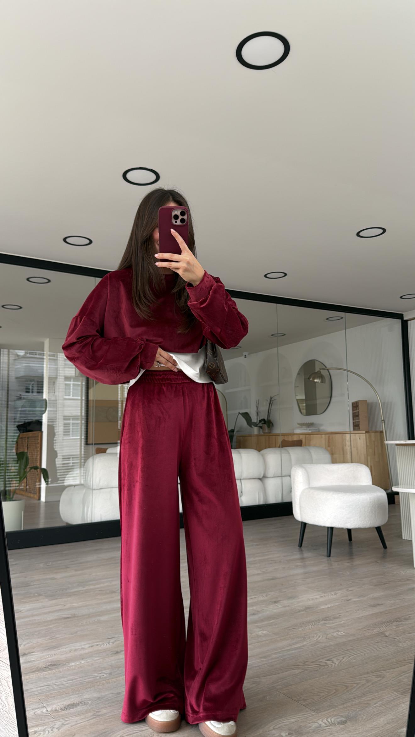 Bordo Bel Lastikli Kadife Bol Pantolon