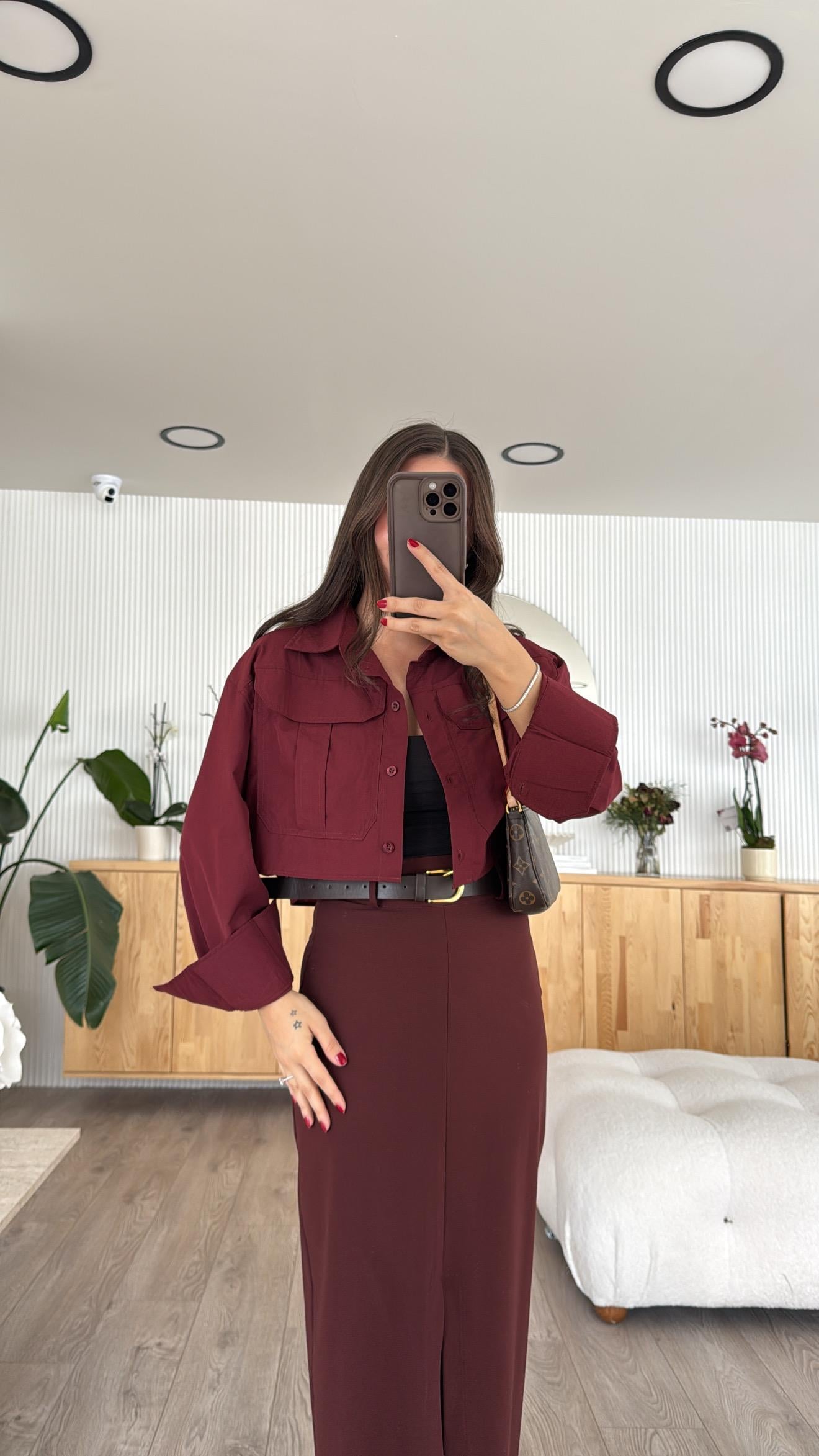 Bordo Çift Cepli Crop Gömlek 