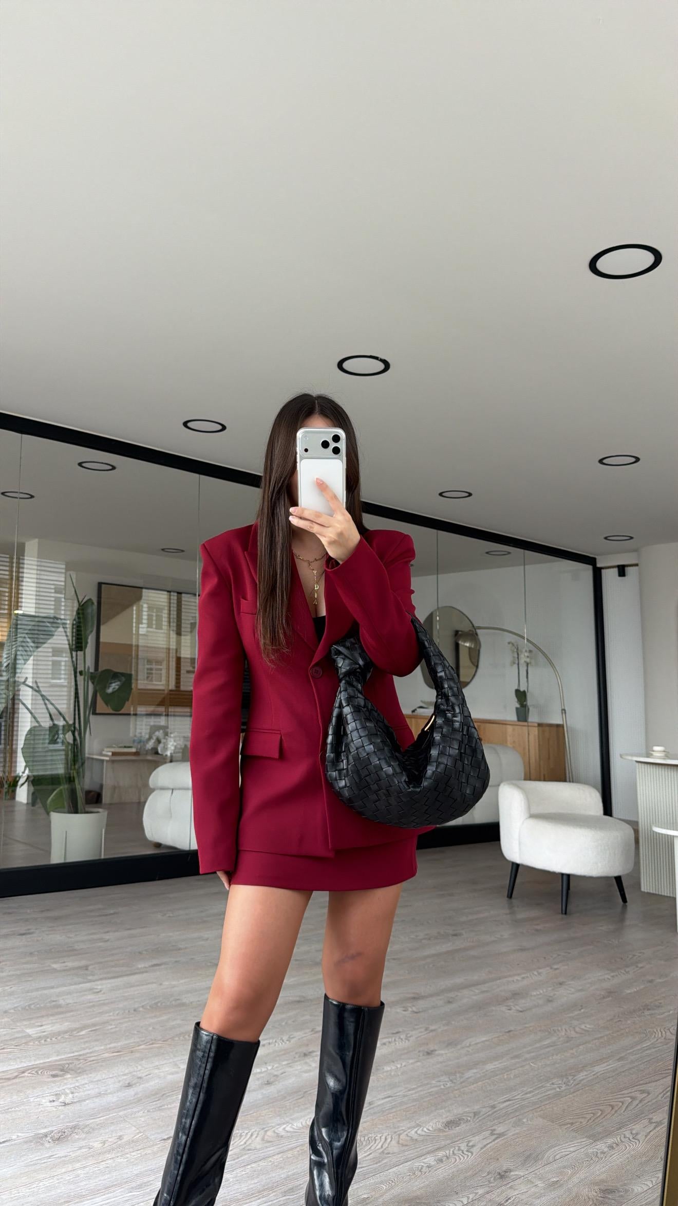 Bordo Çift Cepli Etekli Blazer Takım 