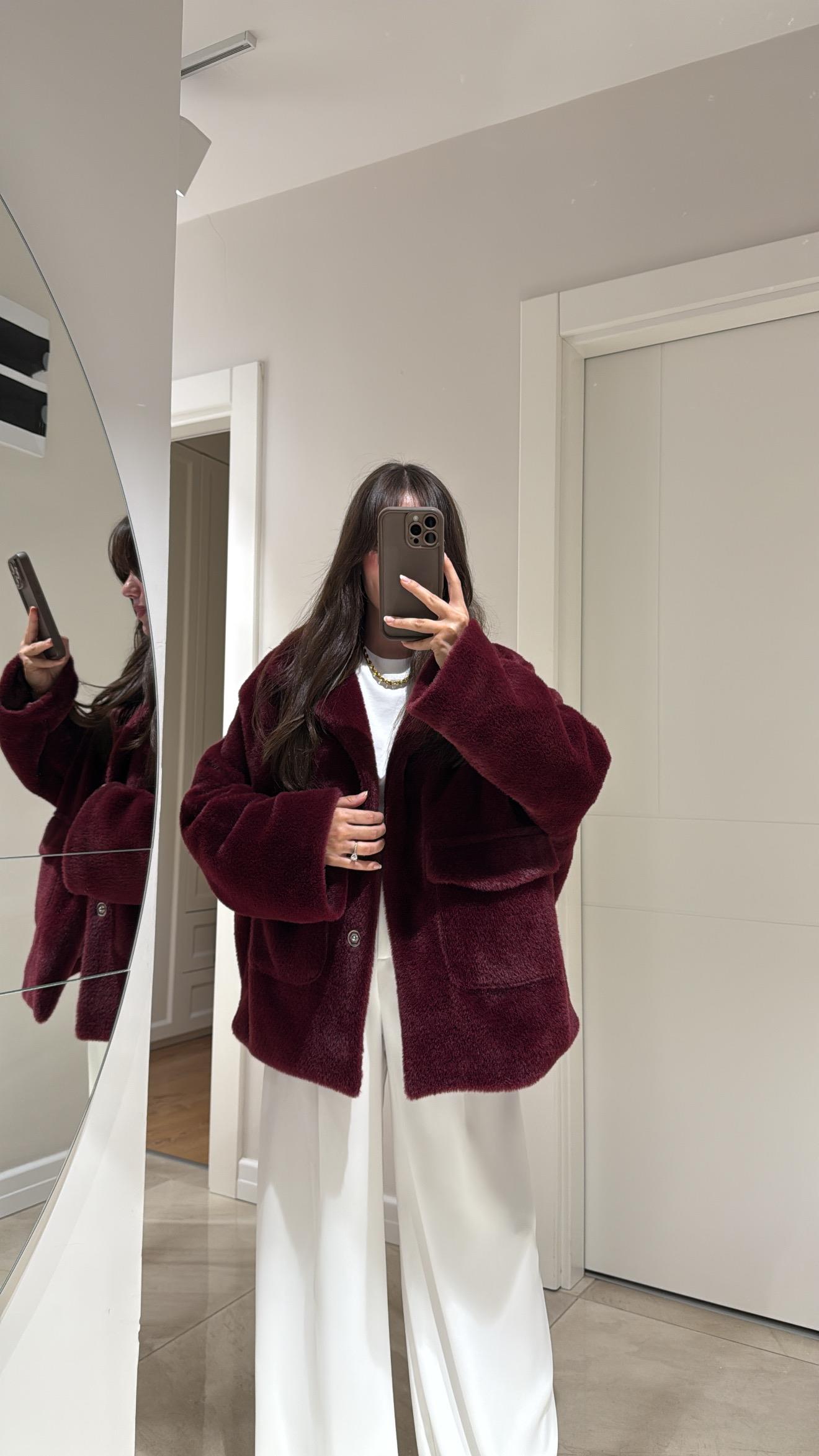 Bordo Çift Cepli Peluş Ceket 