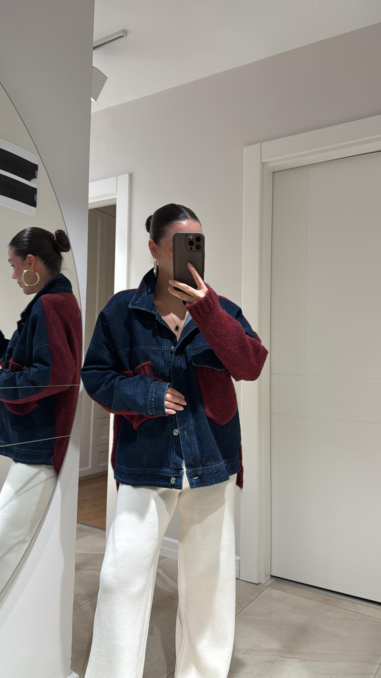 Bordo Denim Detaylı Ön Cepli Triko Ceket