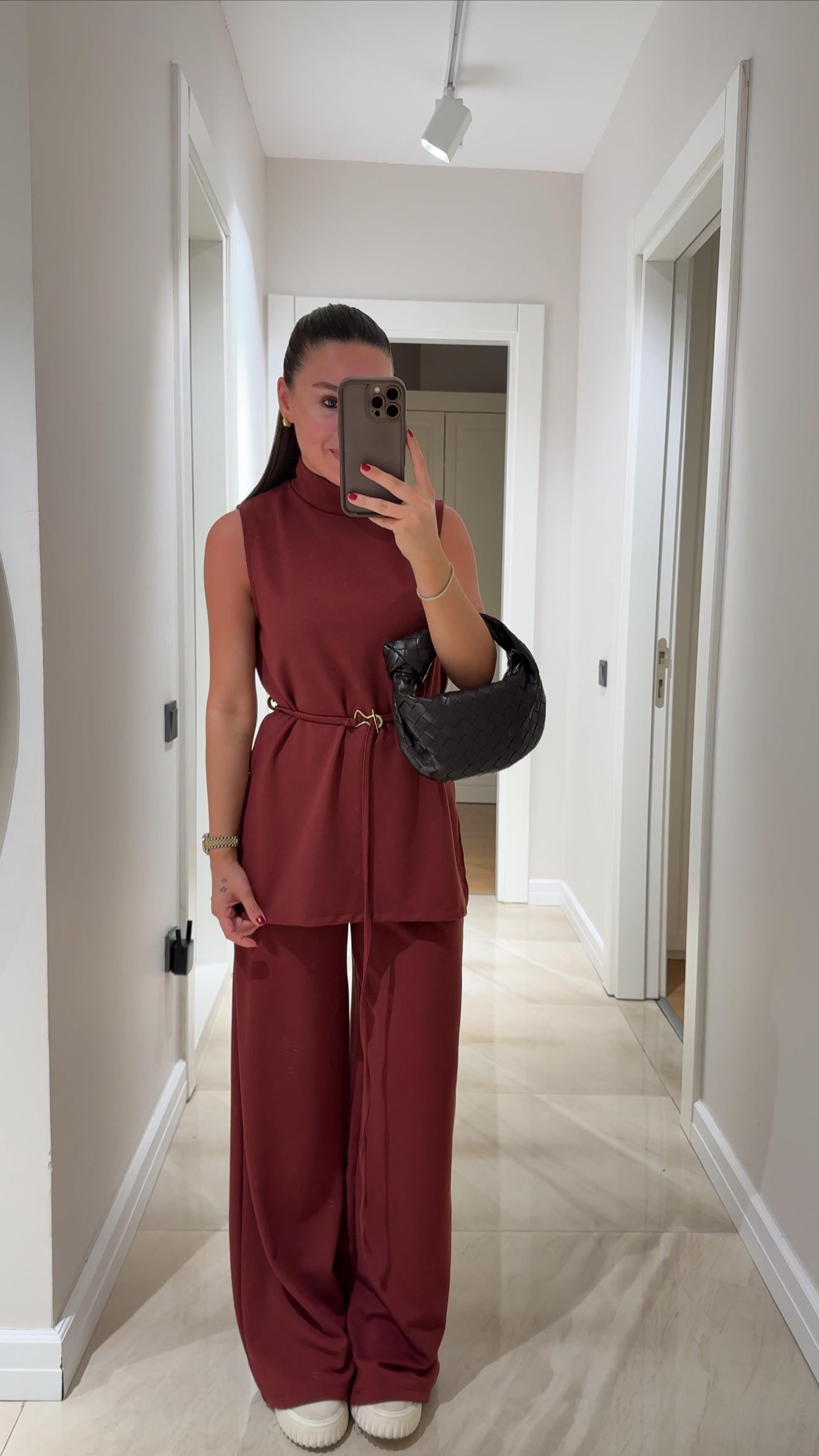 Bordo Dik Yaka Bağcıklı Pantolon Takım 