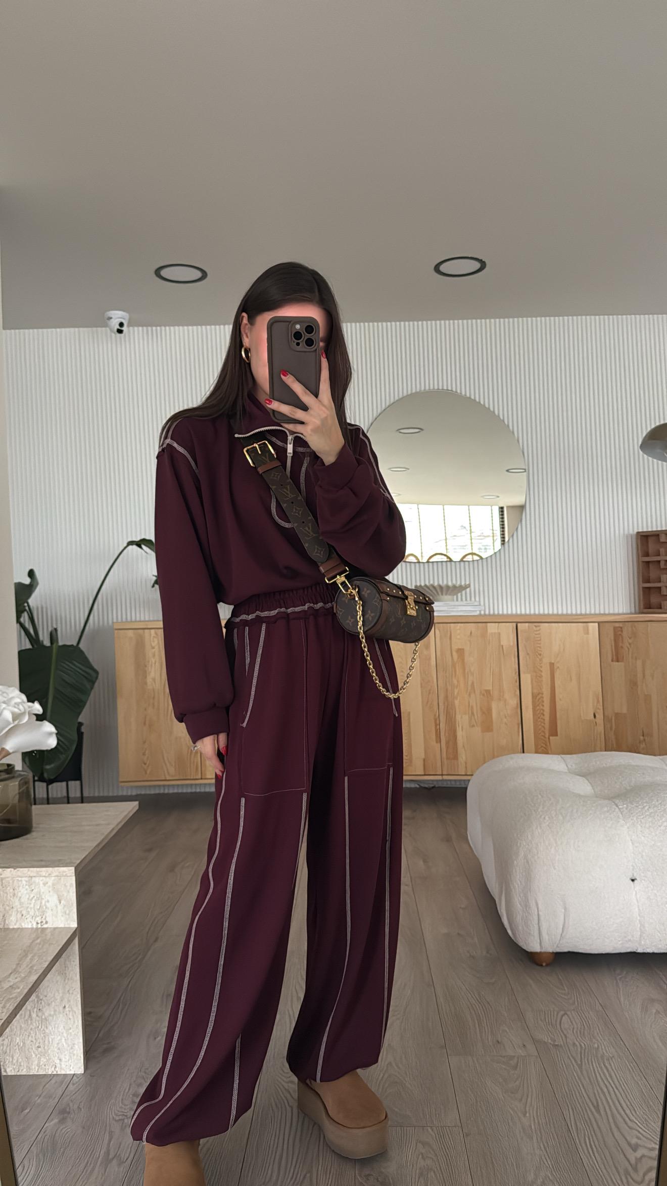 Bordo Dikiş Detaylı Fermuarlı Takım 