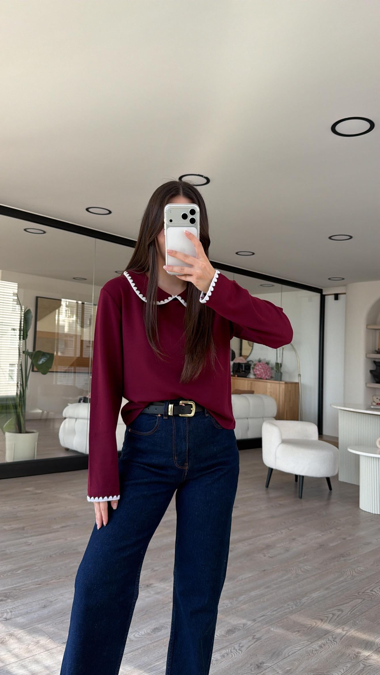 Bordo Ekru Bebe Yaka Marka Model  Bluz