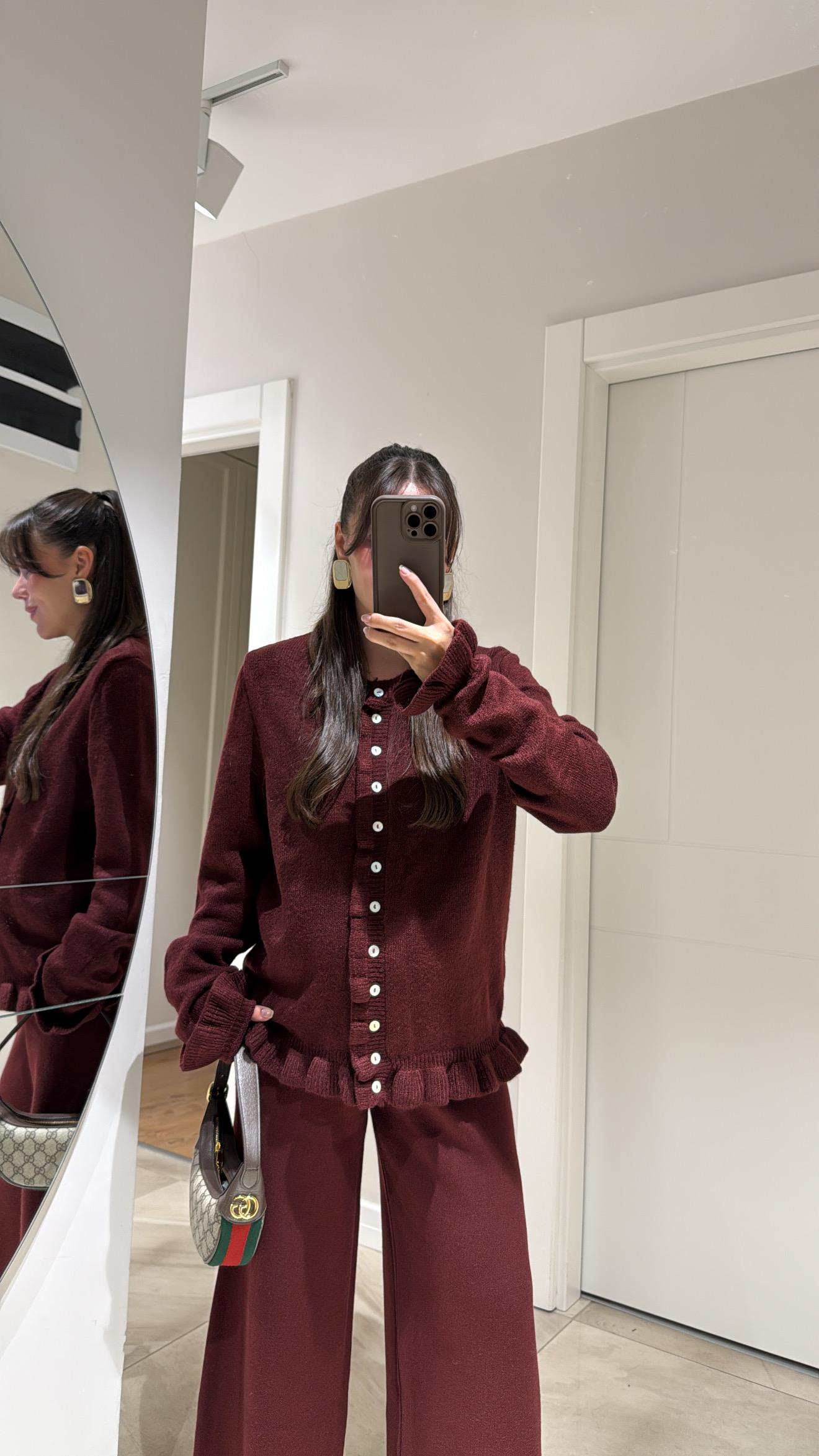 Bordo Fırfırlı Triko Hırka 