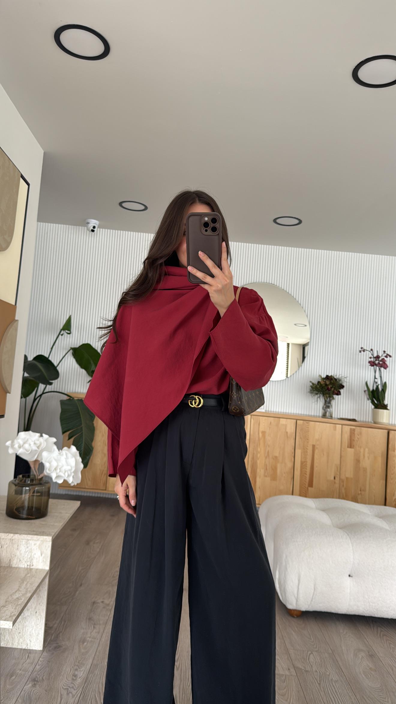 Bordo Fular Detaylı Tensel Bluz 