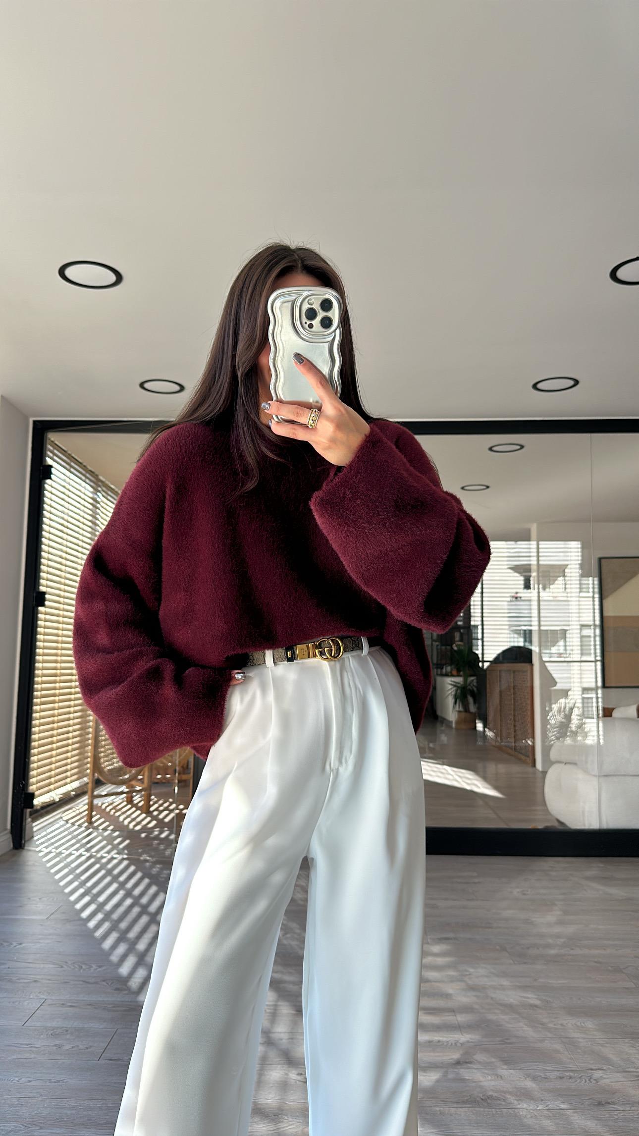 Bordo Geniş Kol Detaylı Marka Model Yumoş Kazak