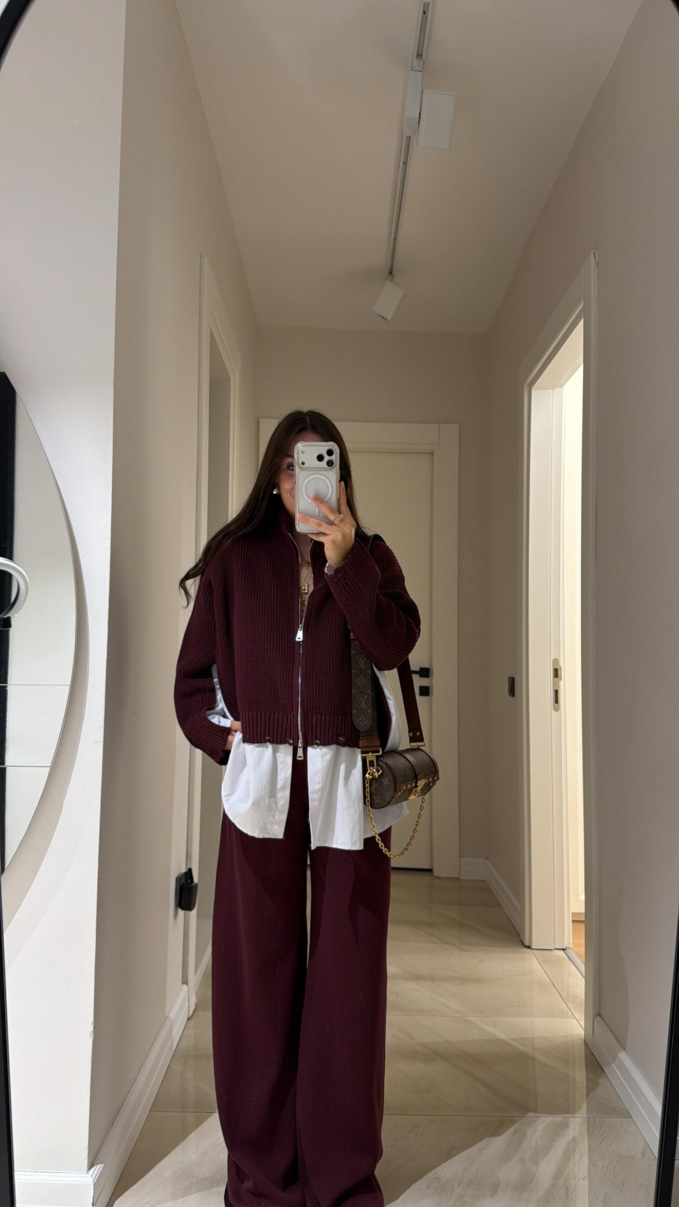 Bordo Gömlek Detaylı Triko Pantolon Takım 