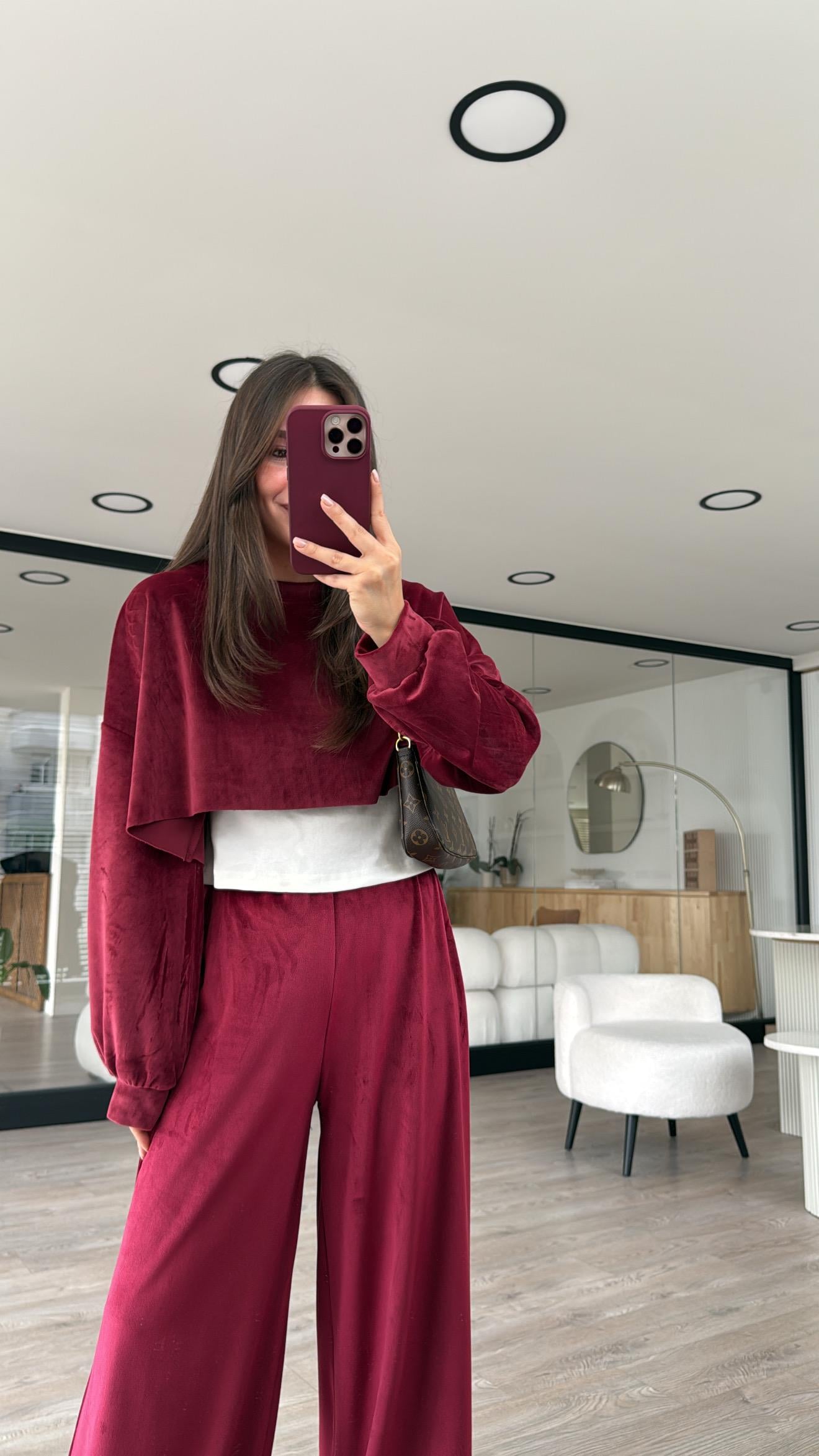 Bordo Kendinden Atletli Kadife Sweat 