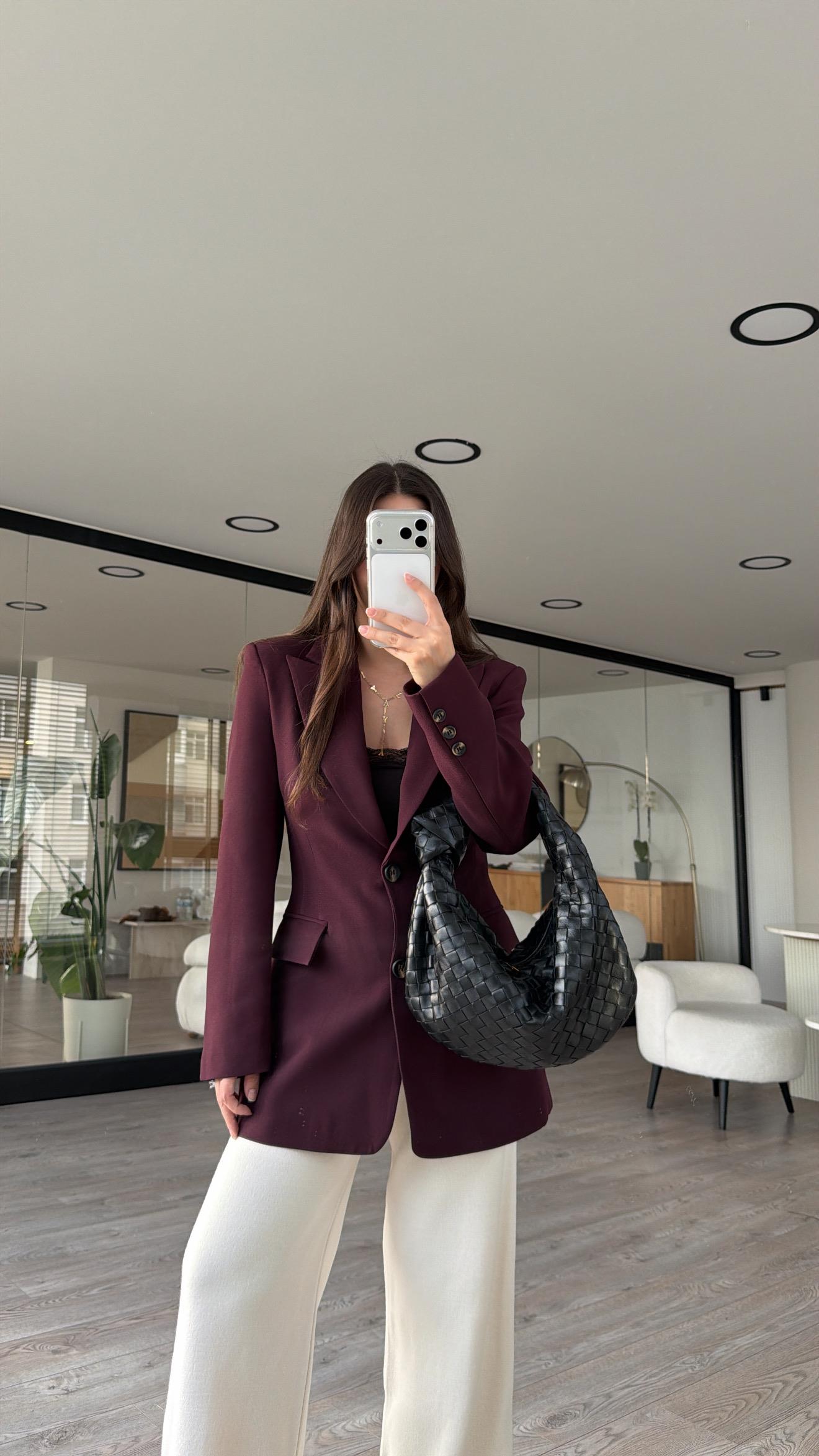Bordo Krep Kumaş Pens Detaylı Düğmeli Blazer Ceket