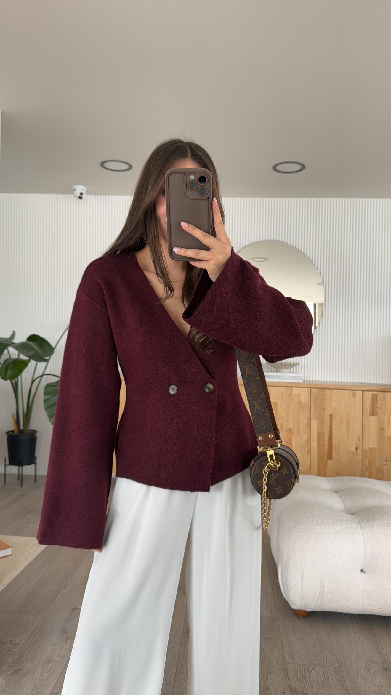 Bordo Kruvaze Yaka Çift Düğmeli Hırka 