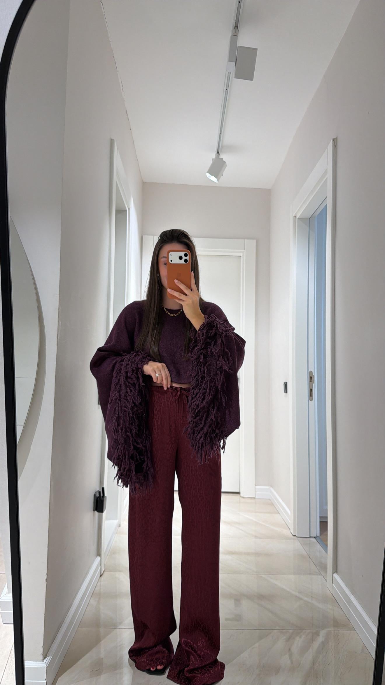 Bordo Leopar Desenli Jakarlı Bol Paça Pantolon