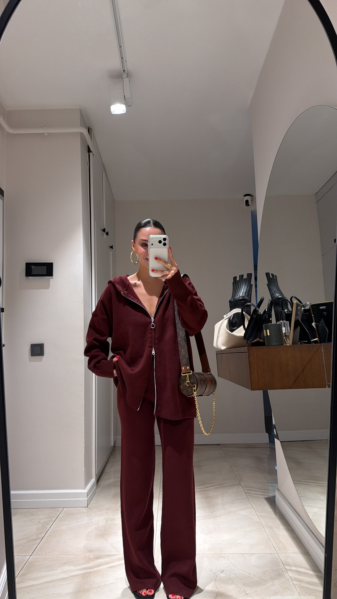Bordo Ön Fermuarlı Hırkalı Triko Takım