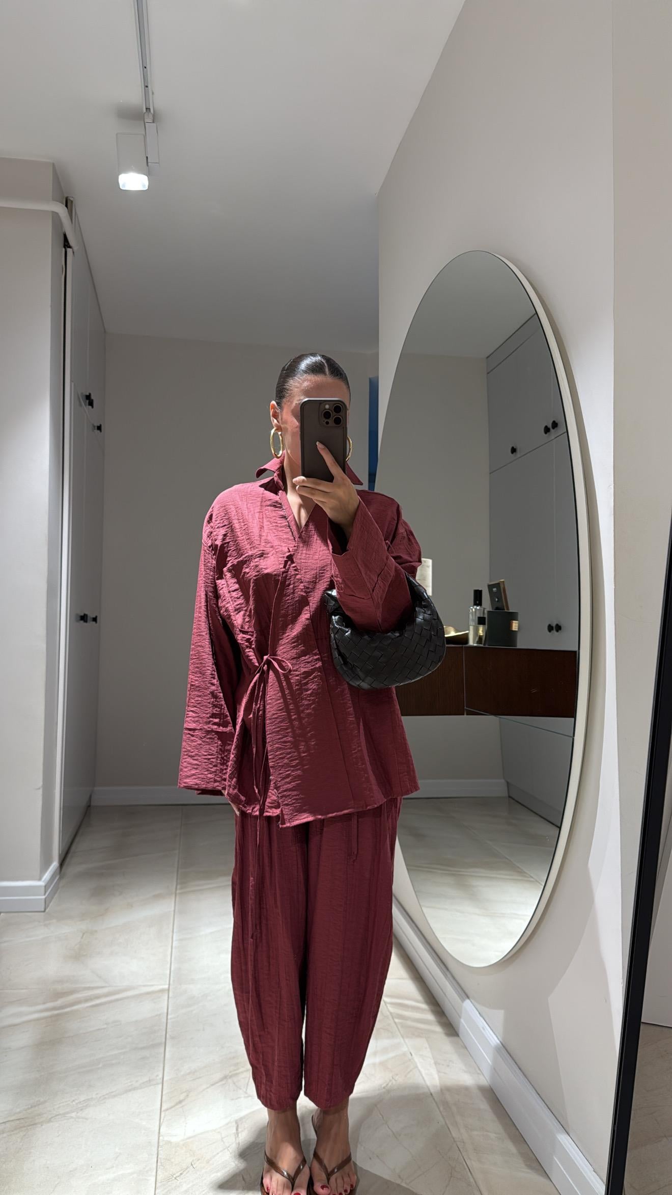 Bordo Önden Bağlamalı Şalvar Pantolon Takım