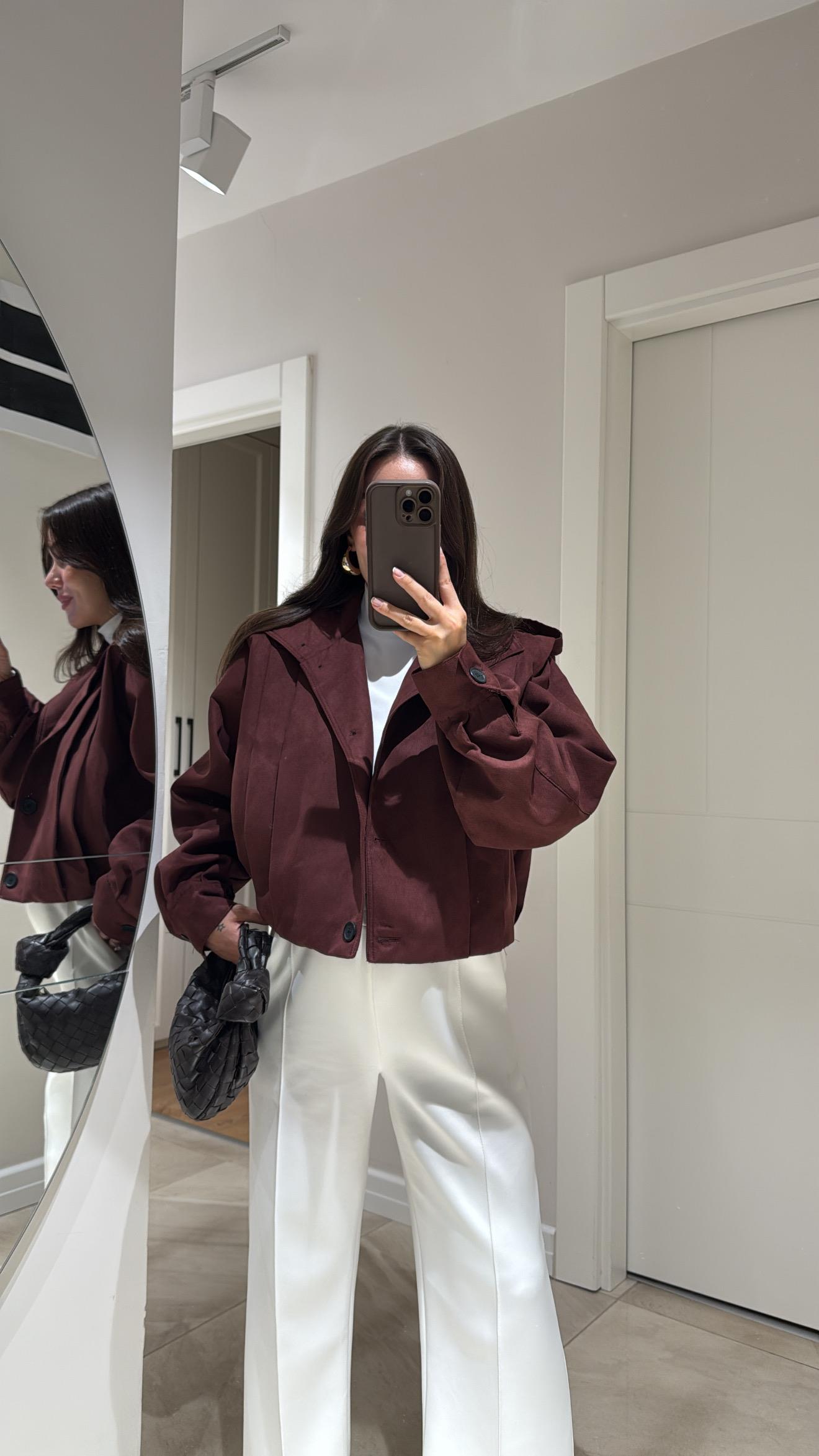 Bordo Pile Detaylı Düğmeli Süet Ceket