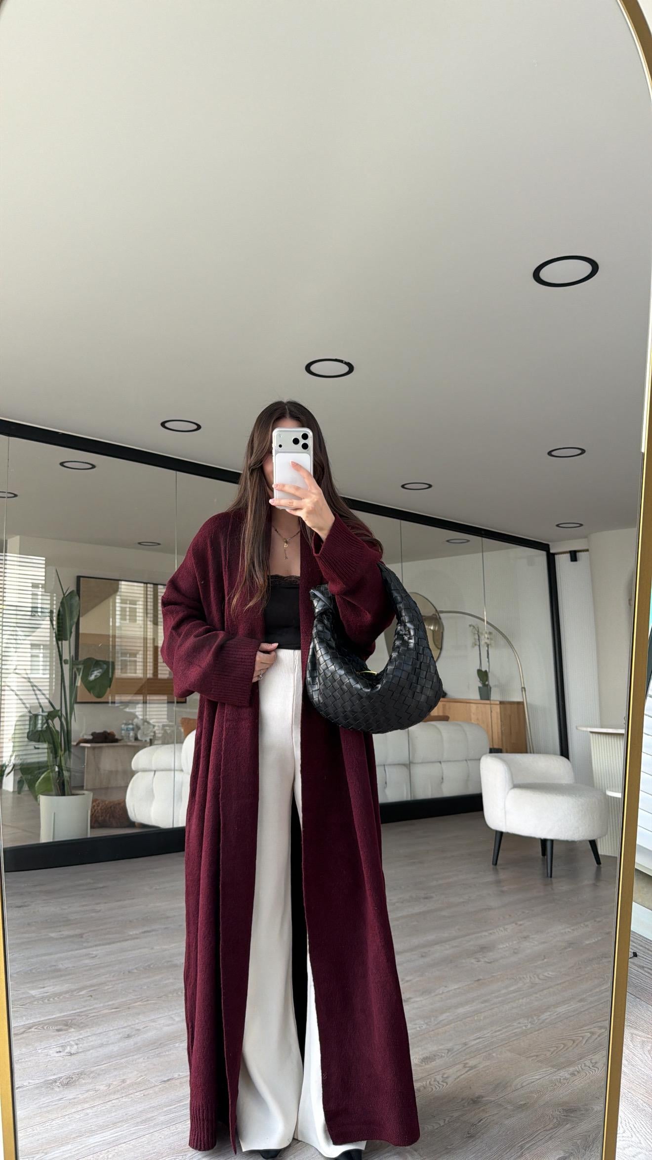 Bordo Şal Yaka Uzun Hırka 