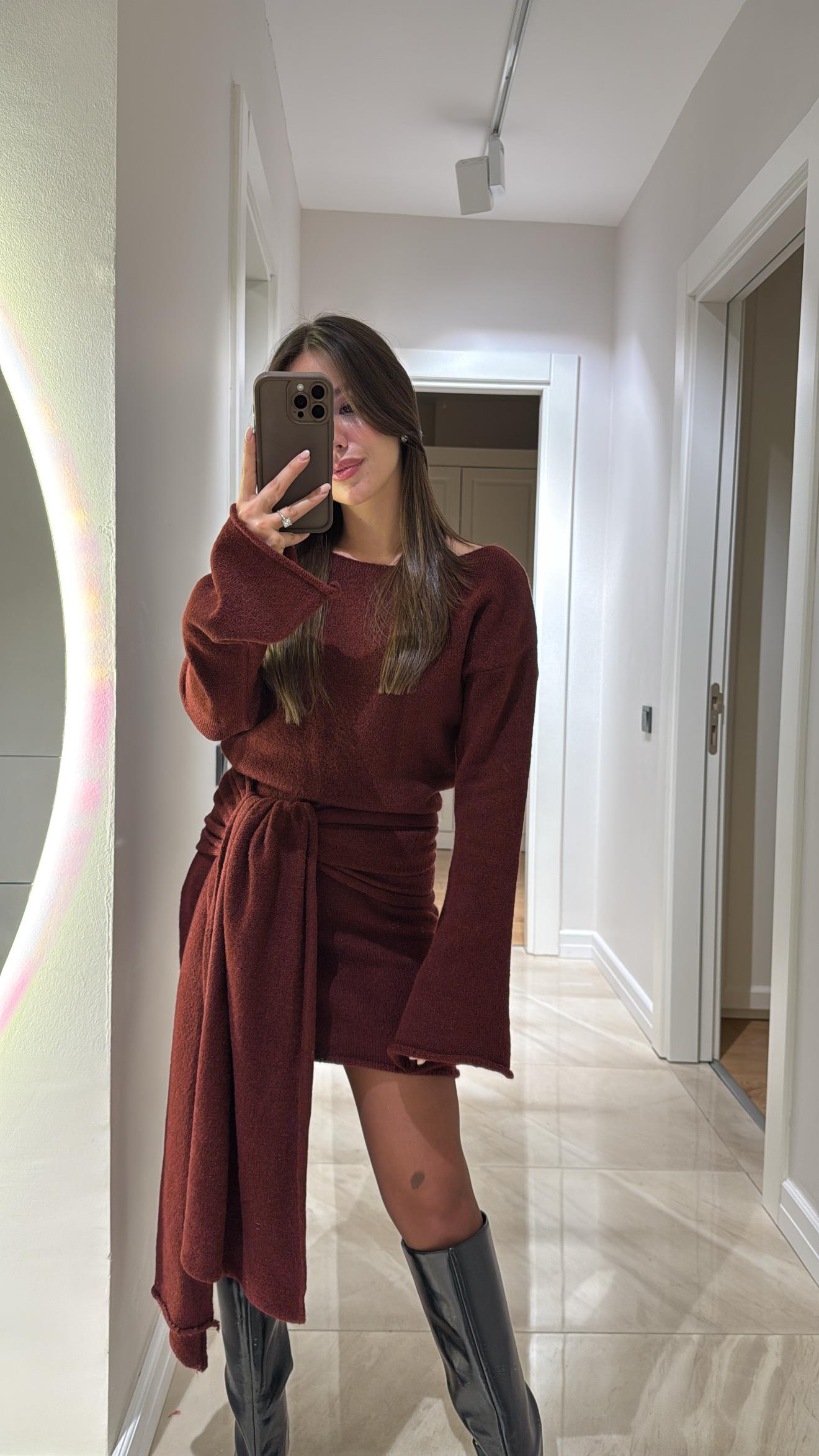 Bordo Şallı Triko Elbise