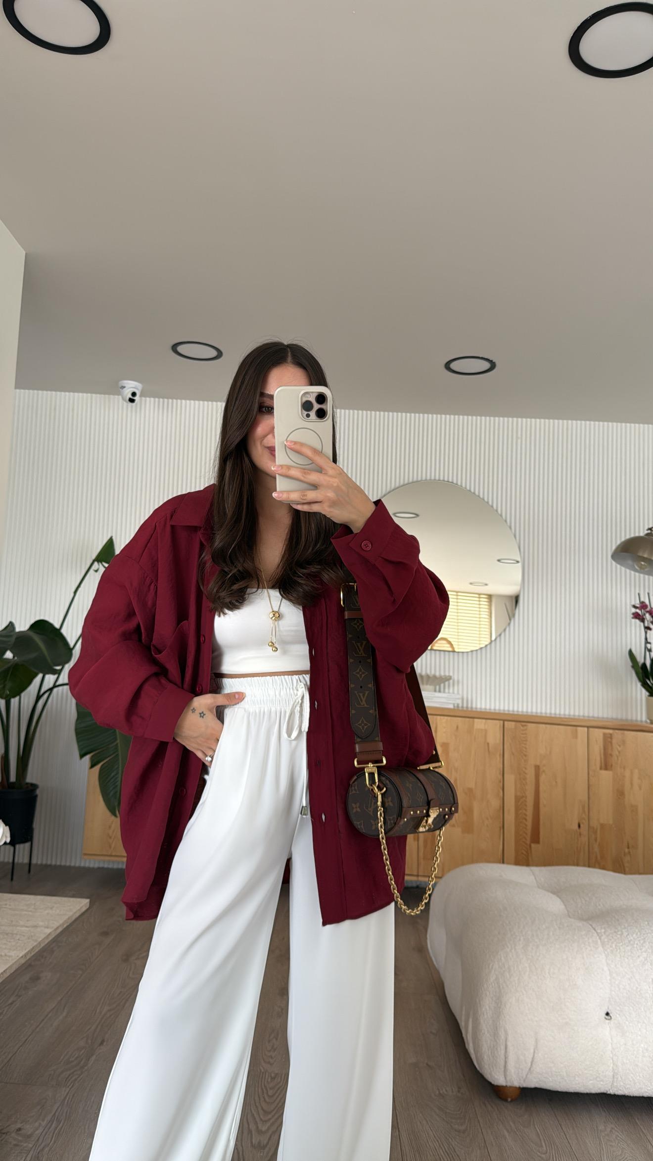 Bordo Tensel Kumaş Düşük Omuzlu Oversize Gömlek