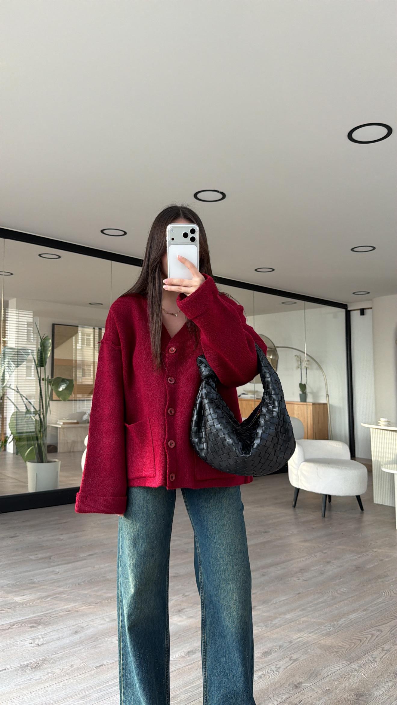 Bordo Ters Dikiş Detaylı Cepli Triko Hırka 