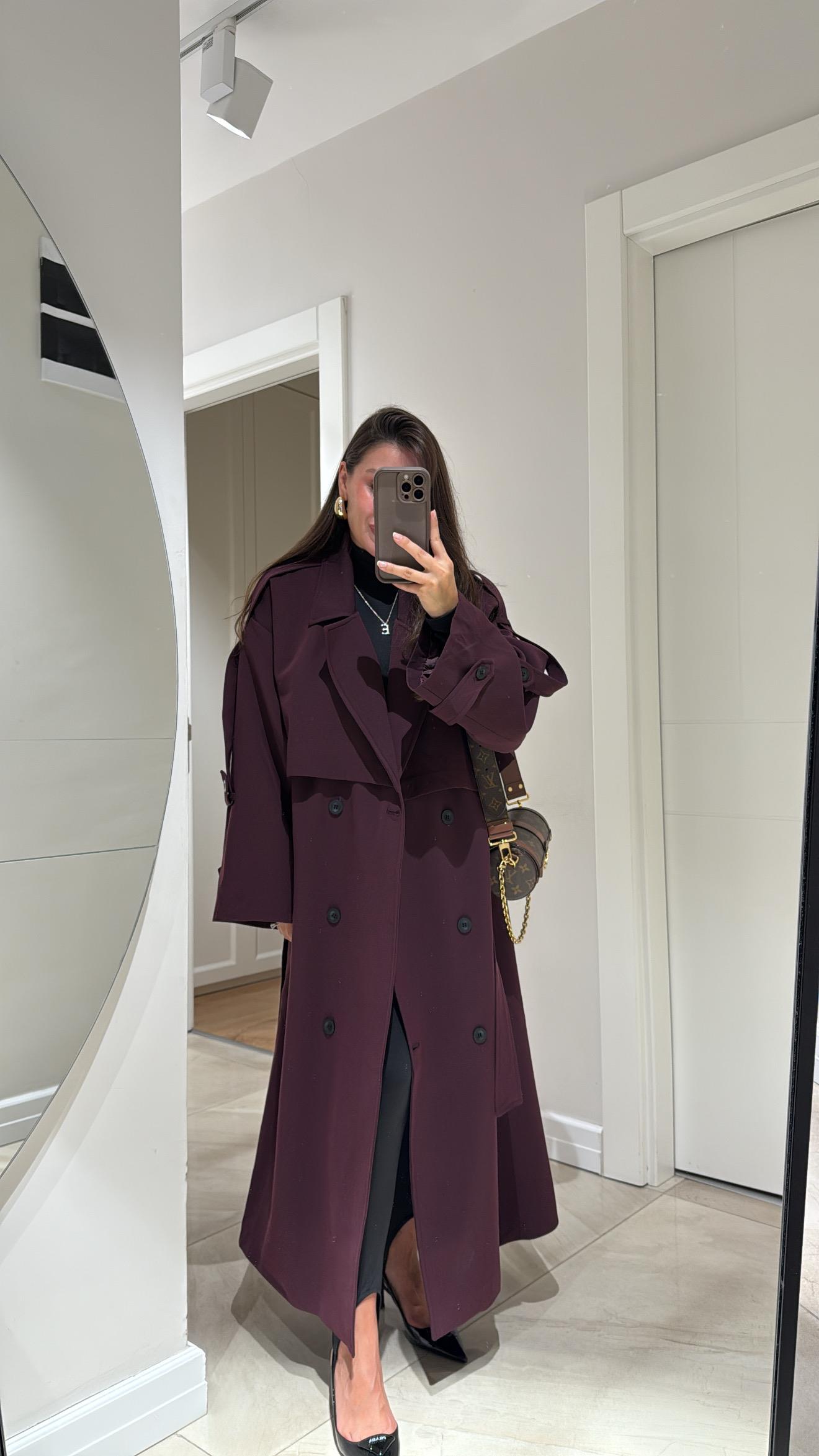 Bordo Tokalı Premium Oversize Trenç
