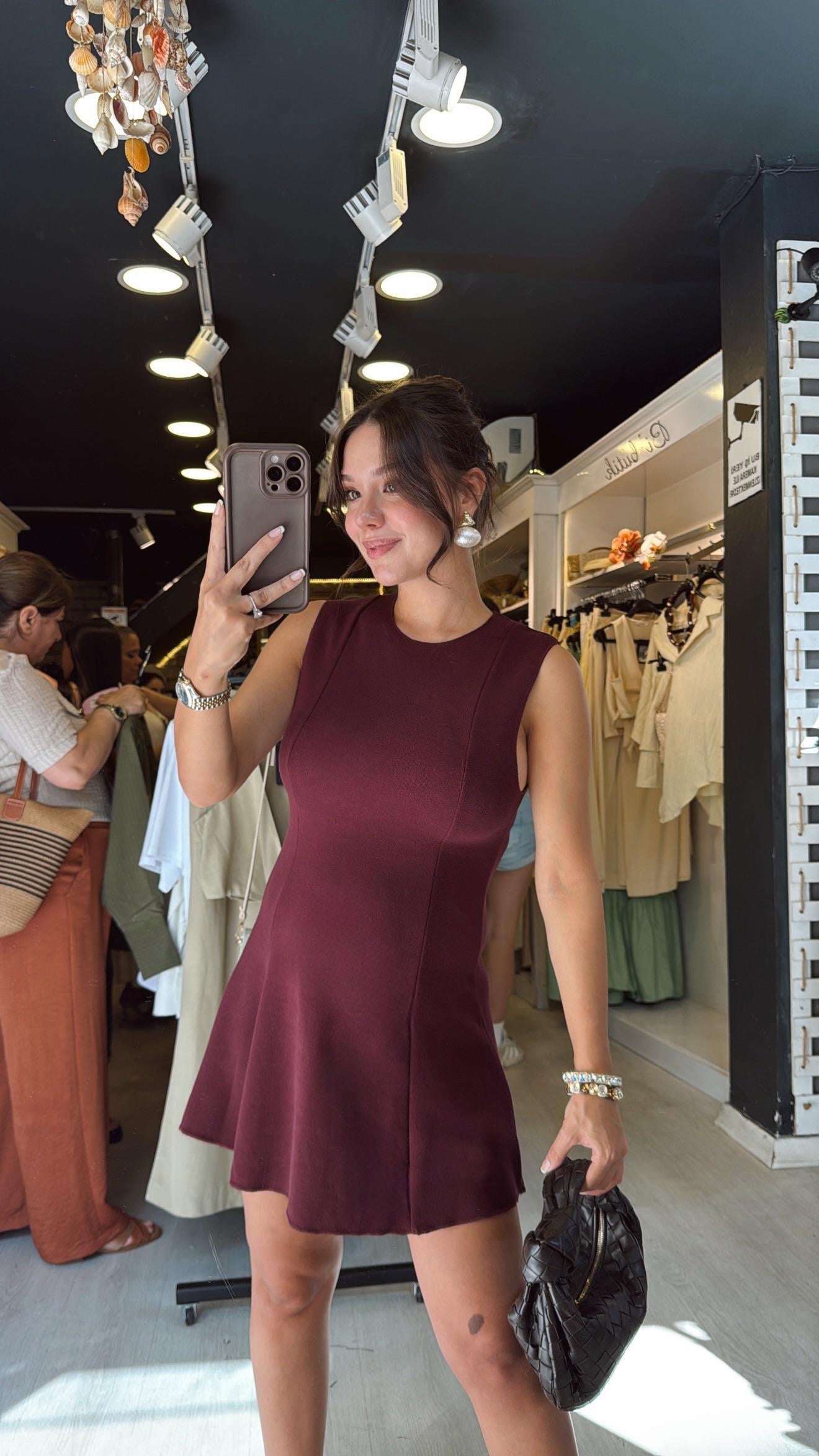 Bordo Volanlı Kolsuz Mini Dilvin Elbise 
