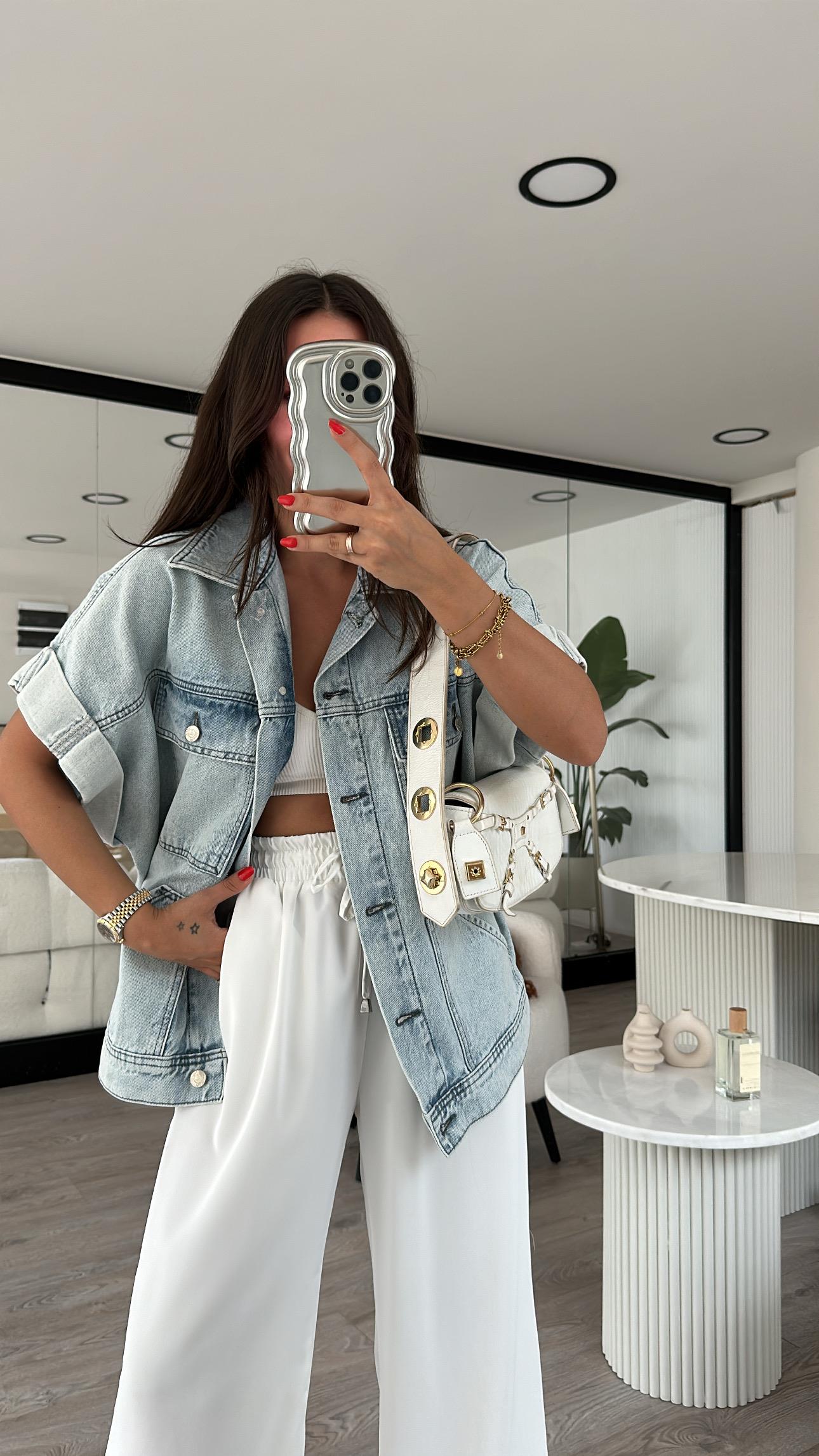 Buz Mavi Çift Cepli Kol Katlamalı Yelek 