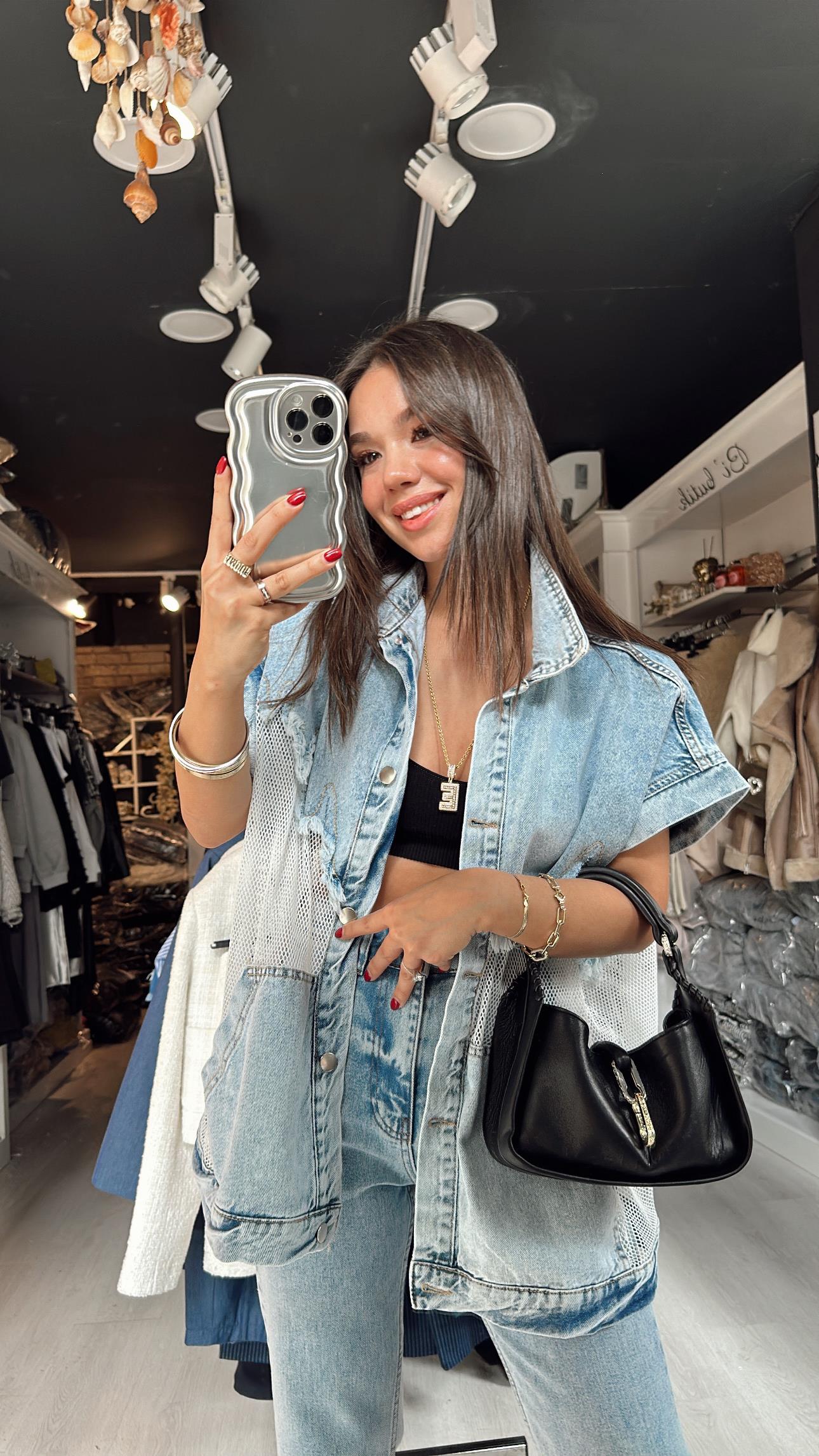 Gri Jean Detaylı File Yelek