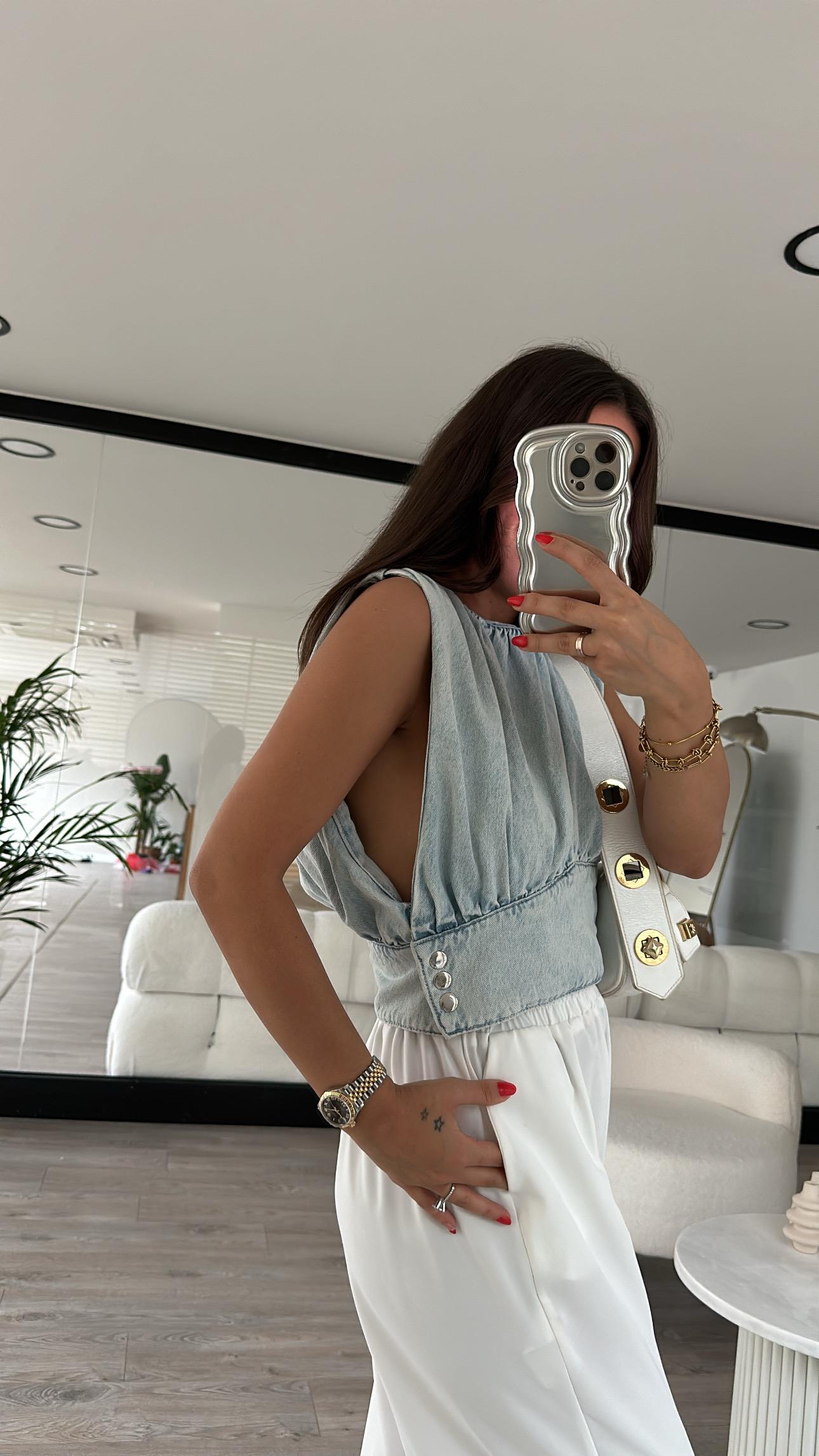 Buz Mavi Kolsuz Büzgülü Kot Bluz