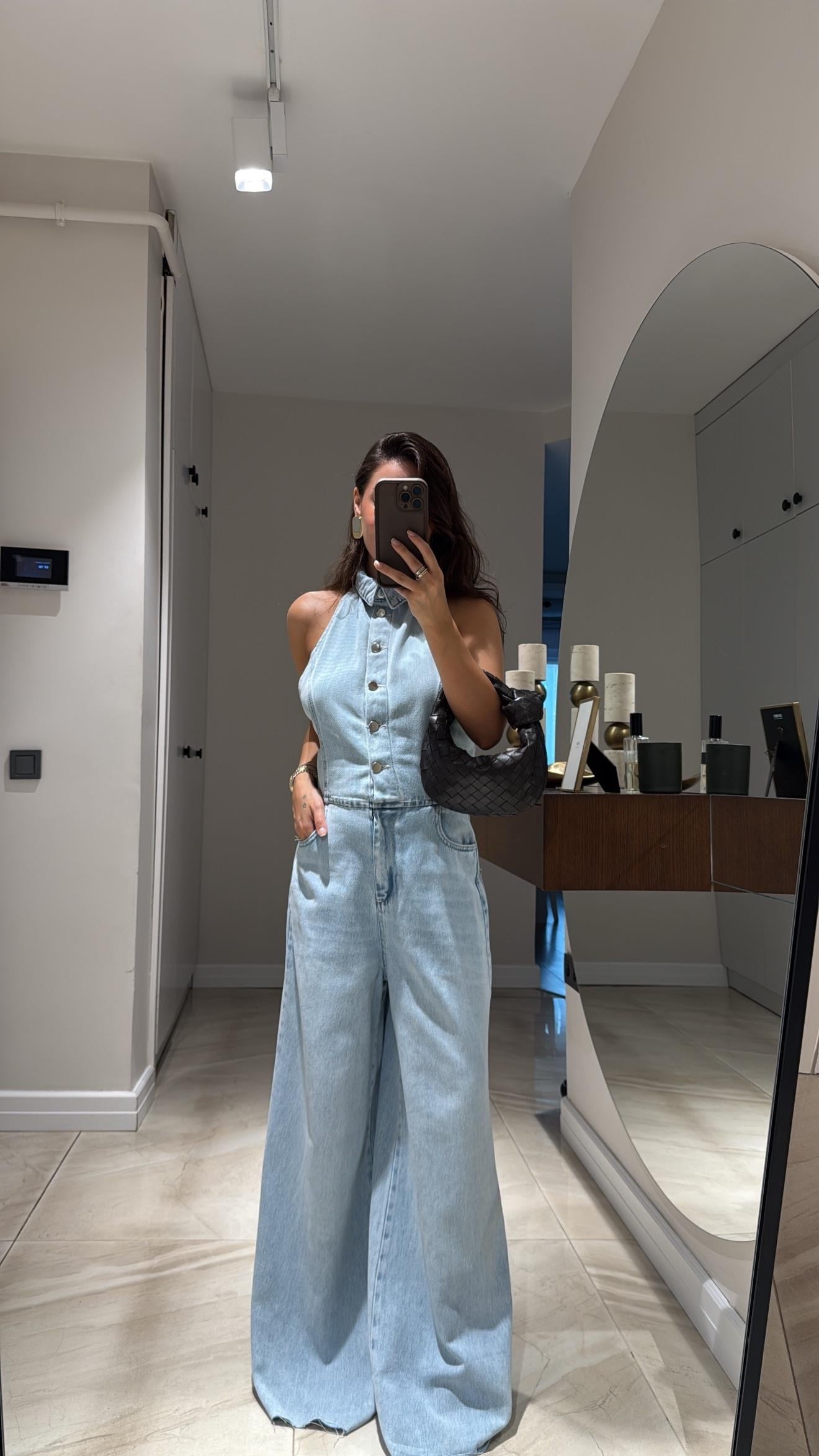 Buz Mavi Sırt Dekolteli Geniş Paça Jean Tulum