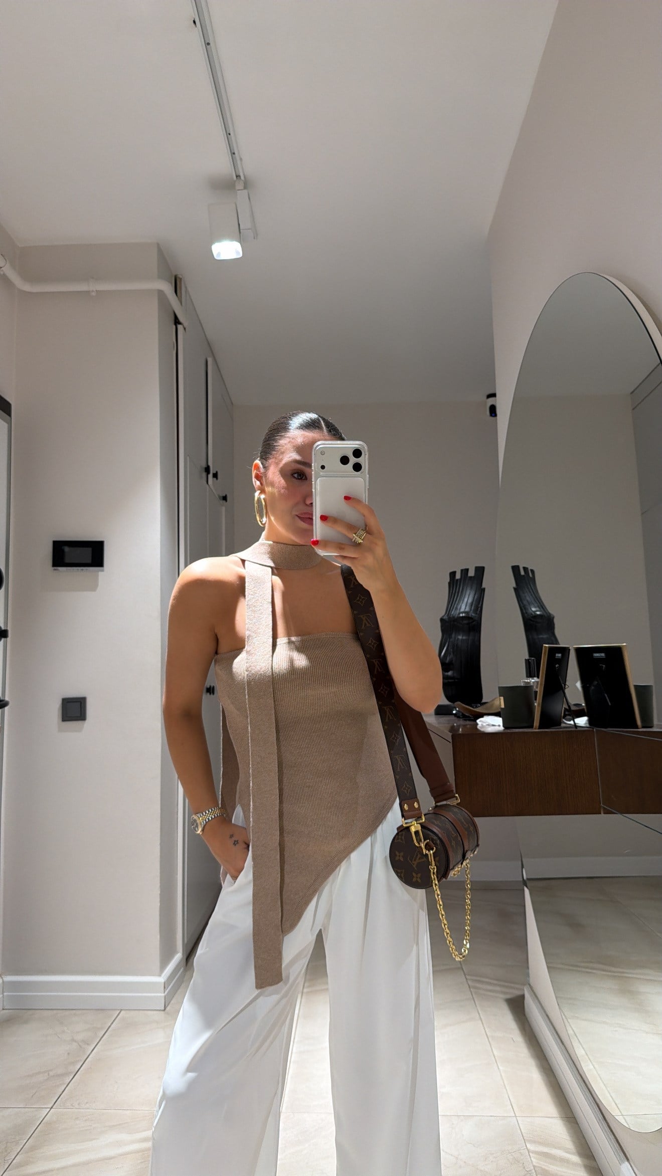 Camel Fularlı Straplez Triko Bluz