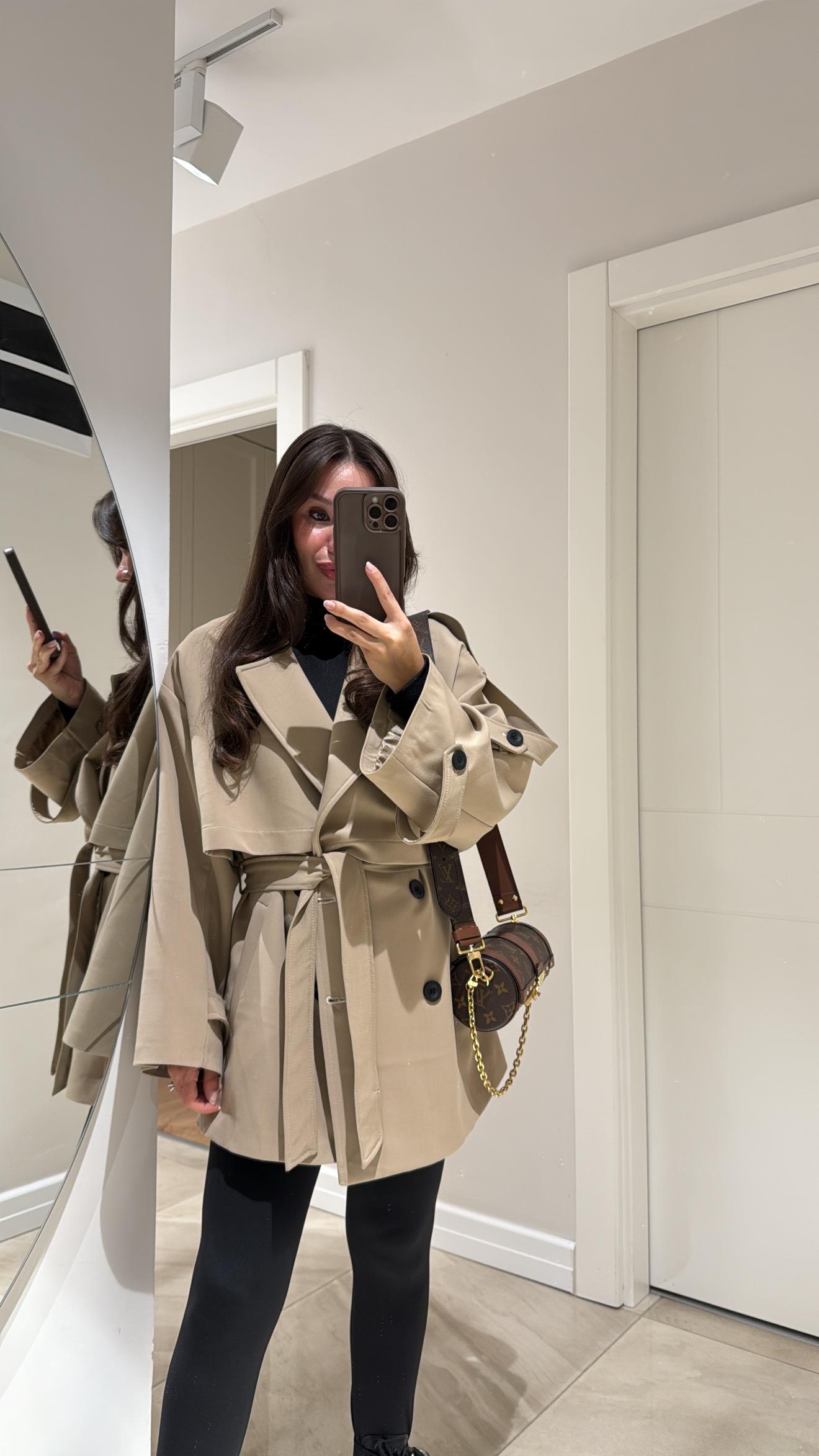 Camel Kuşaklı Oversize Kısa Trenç