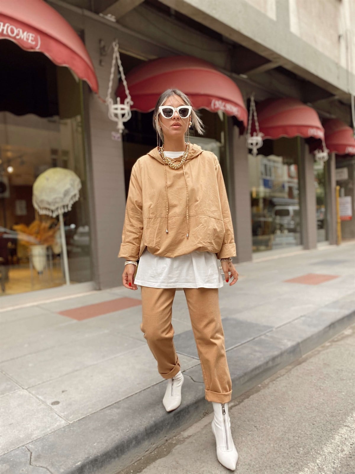 Camel Poplin Kumaş Kapşonlu Sweat