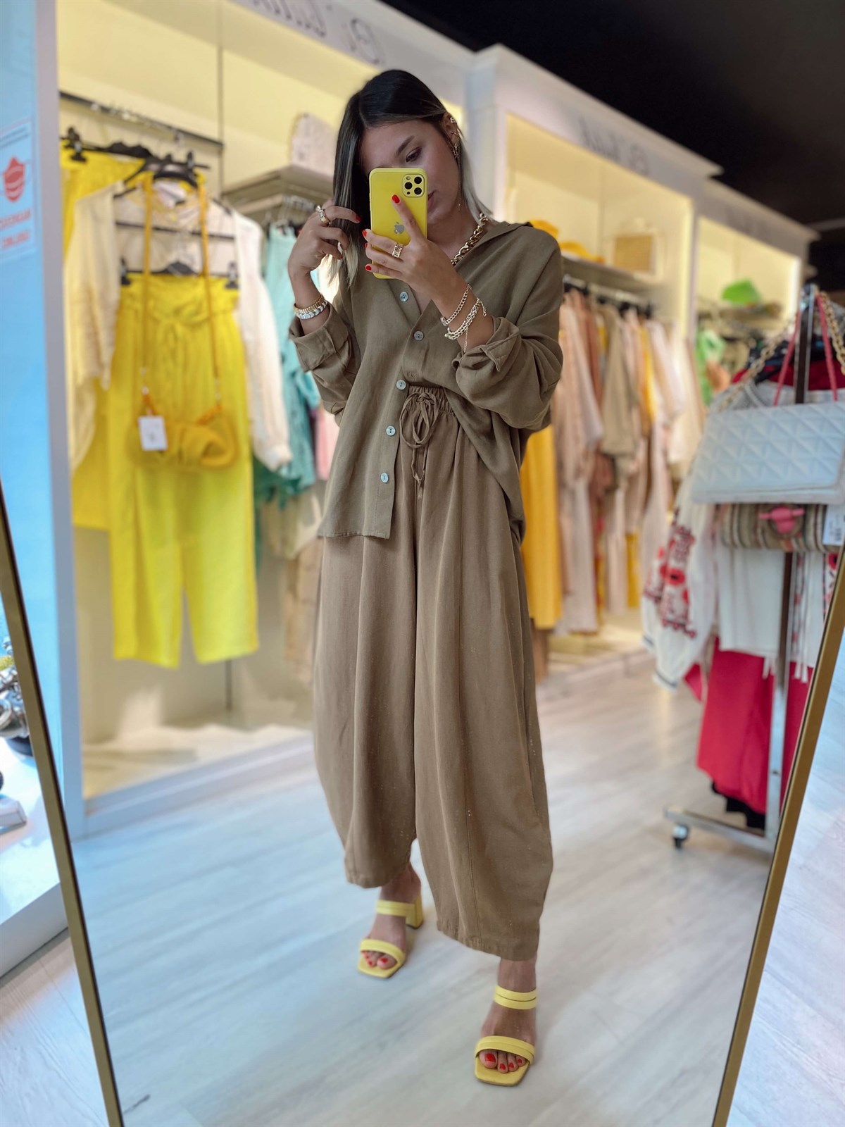 Camel Renk Keten Şalvar Pantolon