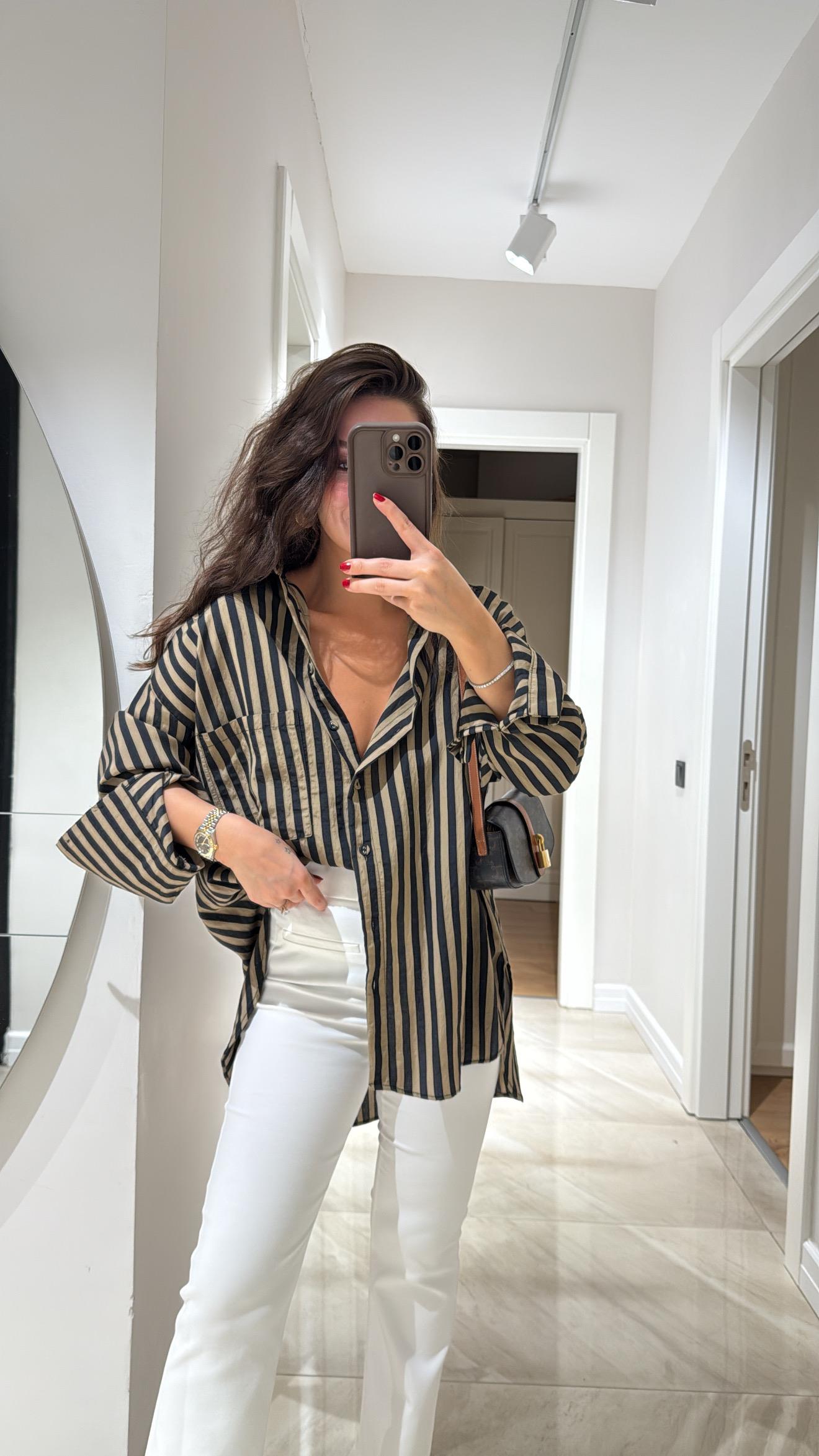 Haki Siyah Çizgili Ön Cepli Oversize Gömlek