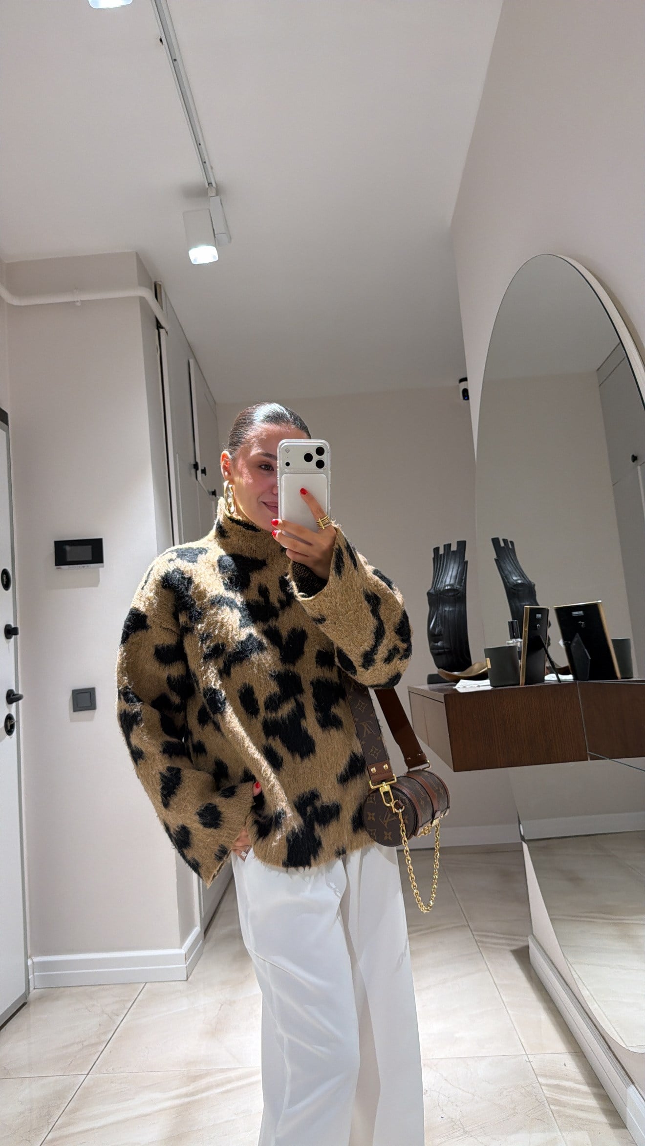 Camel Siyah Leopar Desen Sakallı Kazak